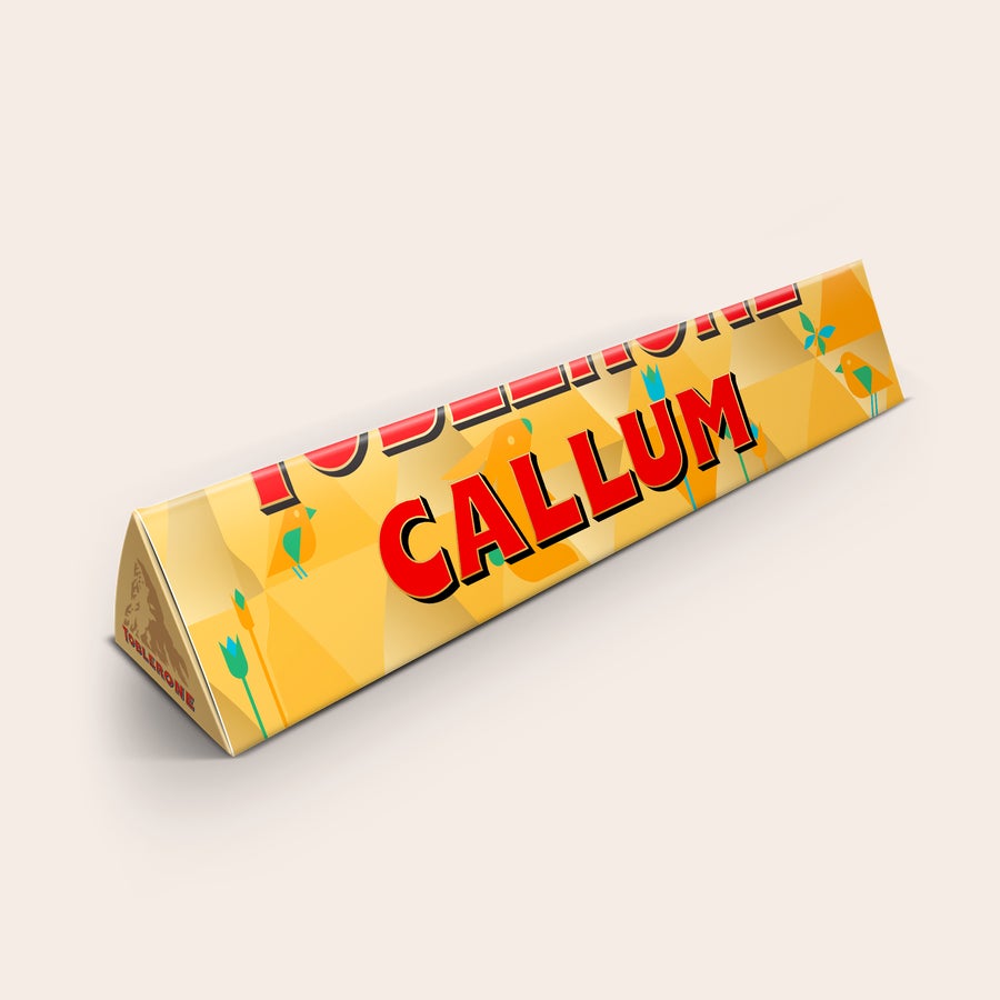 Personalised Toblerone Chocolate Bar - Easter Personalized Easter Toblerone bar with printed name Callum and an Easter-themed wrapper