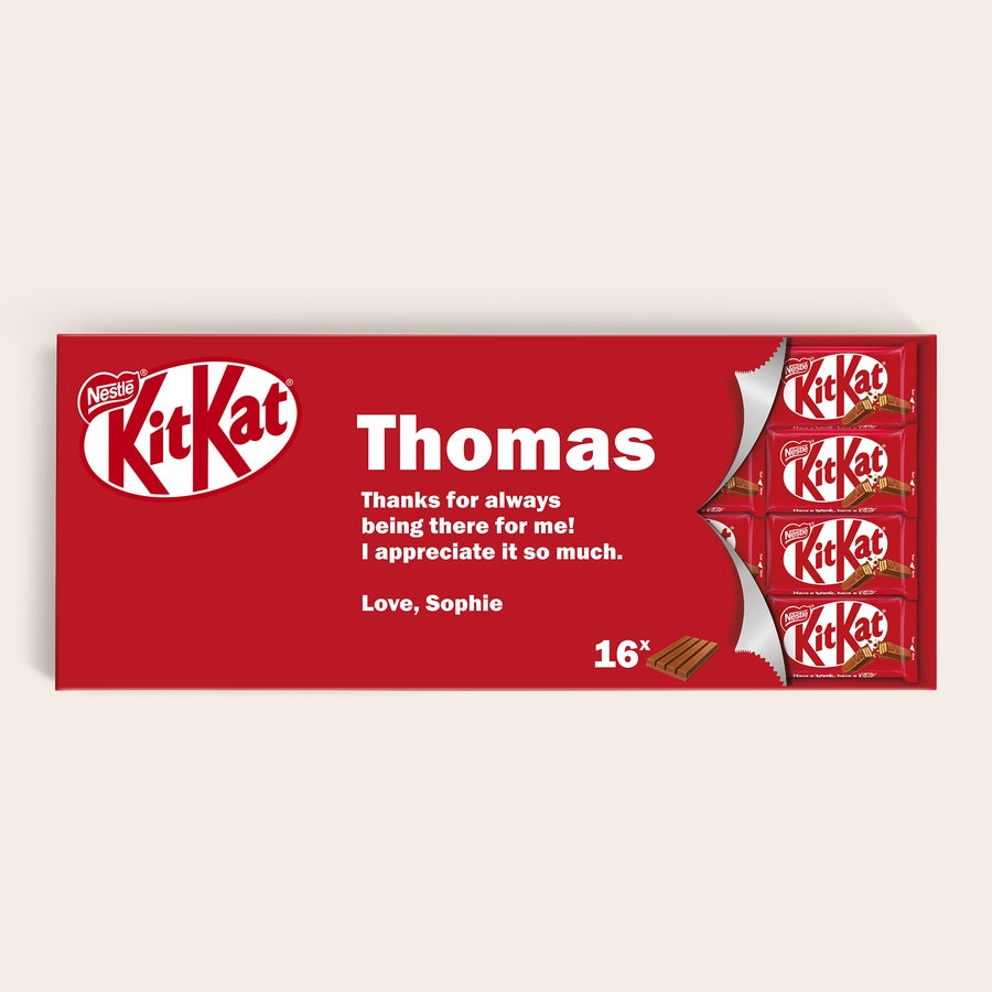 Barra de chocolate XL personalizada - KitKat Barra XL de chocolate KitKat personalizada con el nombre "Thomas" y un mensaje de agradecimiento impreso.