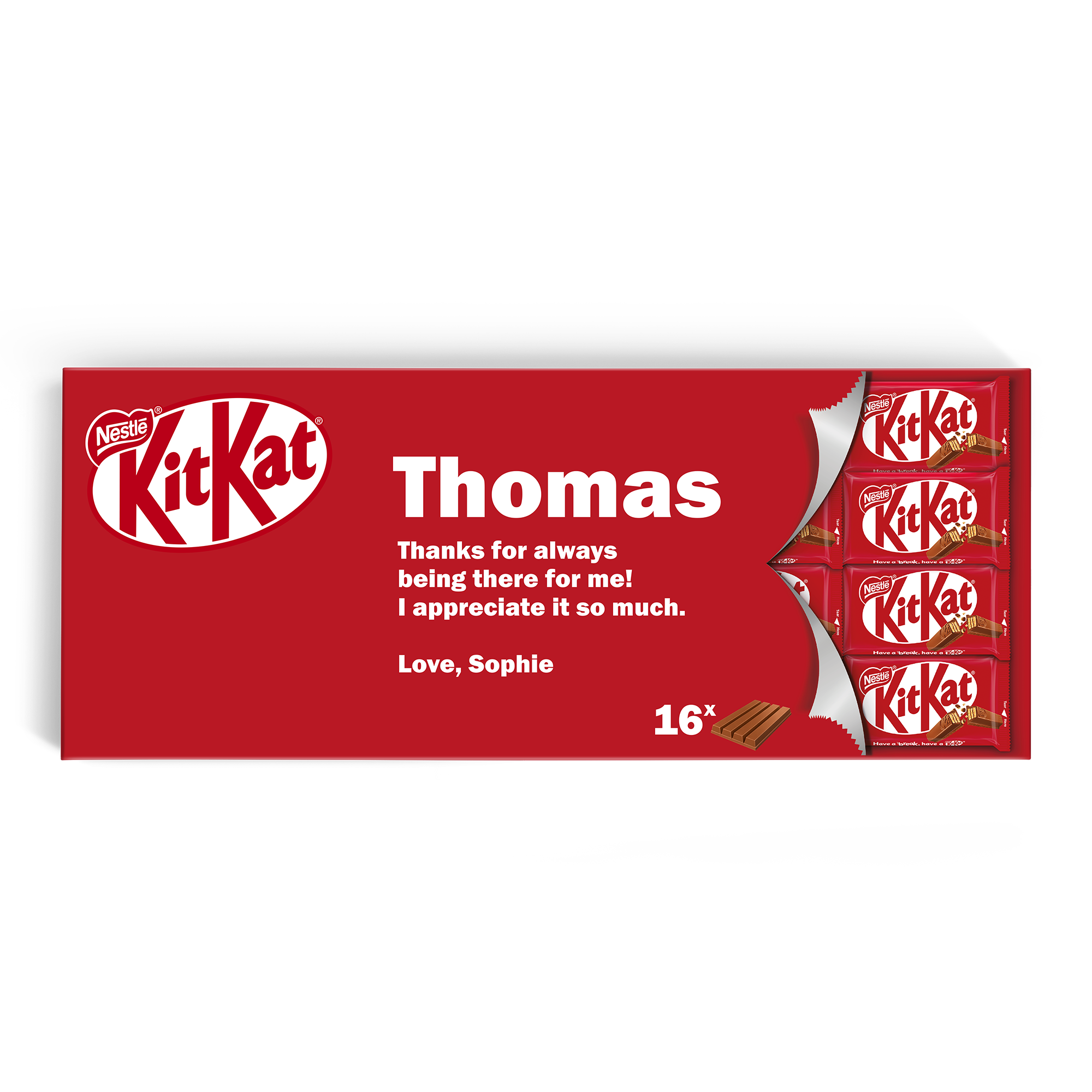 Gigantyczny prezent KitKat z personalizowanym imieniem Thomas i wiadomością, wydrukowany na opakowaniu
