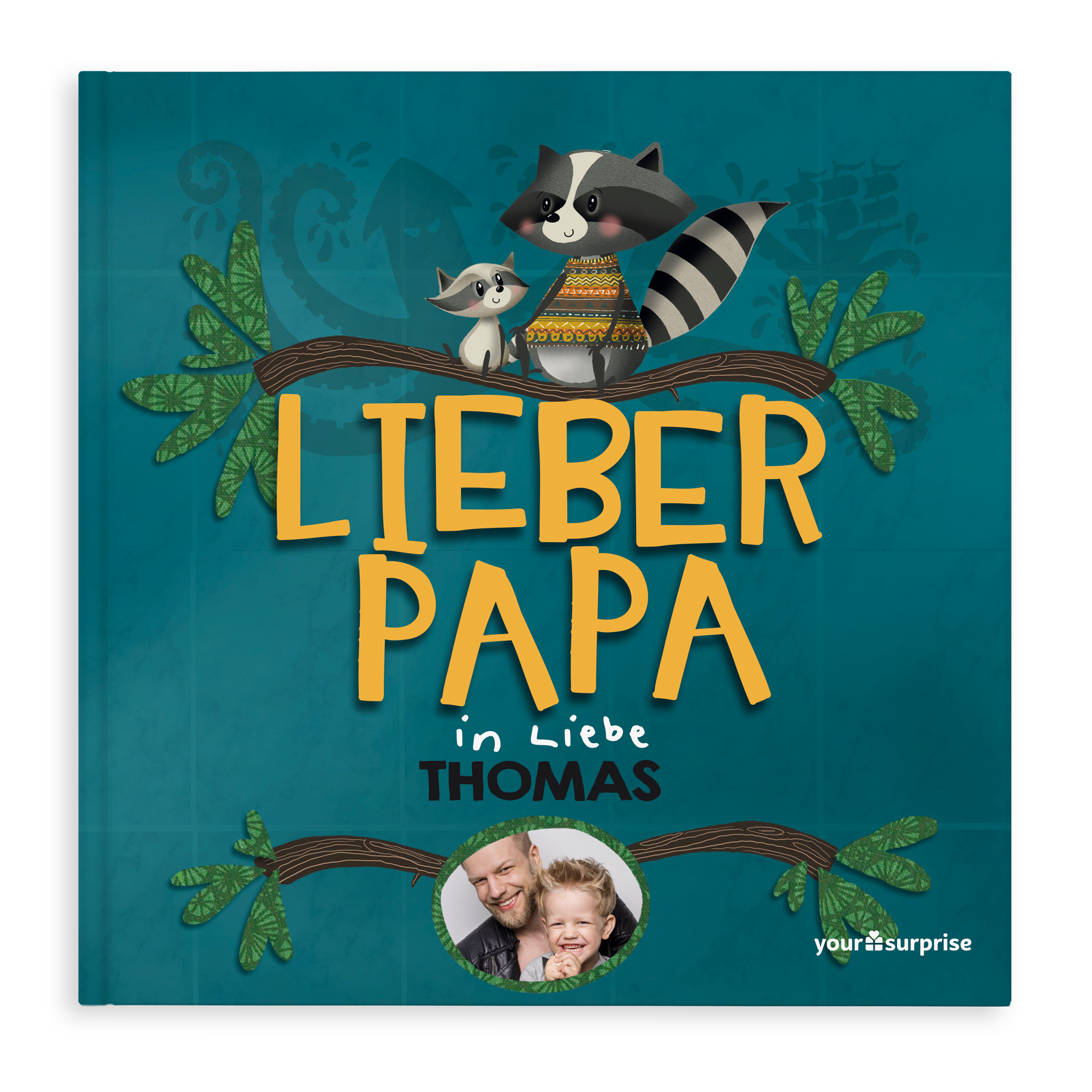 Personalisiertes Buch Lieber Papa mit einem Foto von Thomas und seinem Kind, bedruckt mit dem Text "in Liebe Thomas"