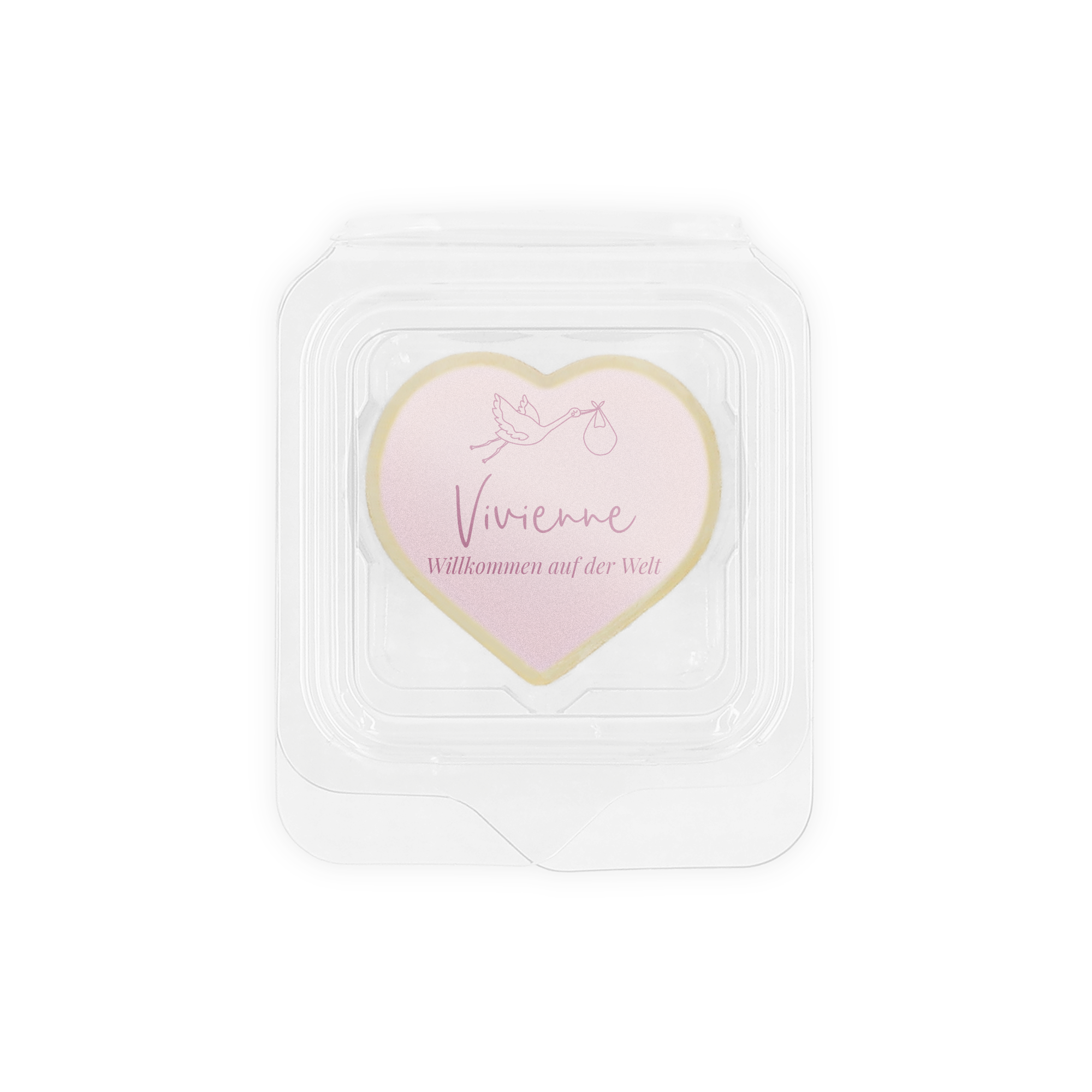 Eine von 50 Fotopralinen einzeln verpackt als Gastgeschenk, bedruckt mit Herzmotiv, Name Vivienne und Storch