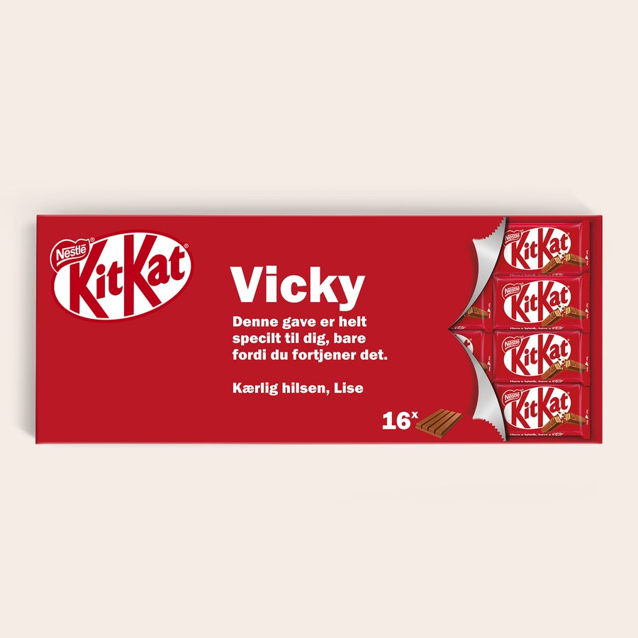 Personlig gigantisk KitKat-chokoladebar Gigantisk KitKat-chokoladebar med trykt personlig indpakning, navn Vicky og tekst fra Lise, 16 KitKat-bar.