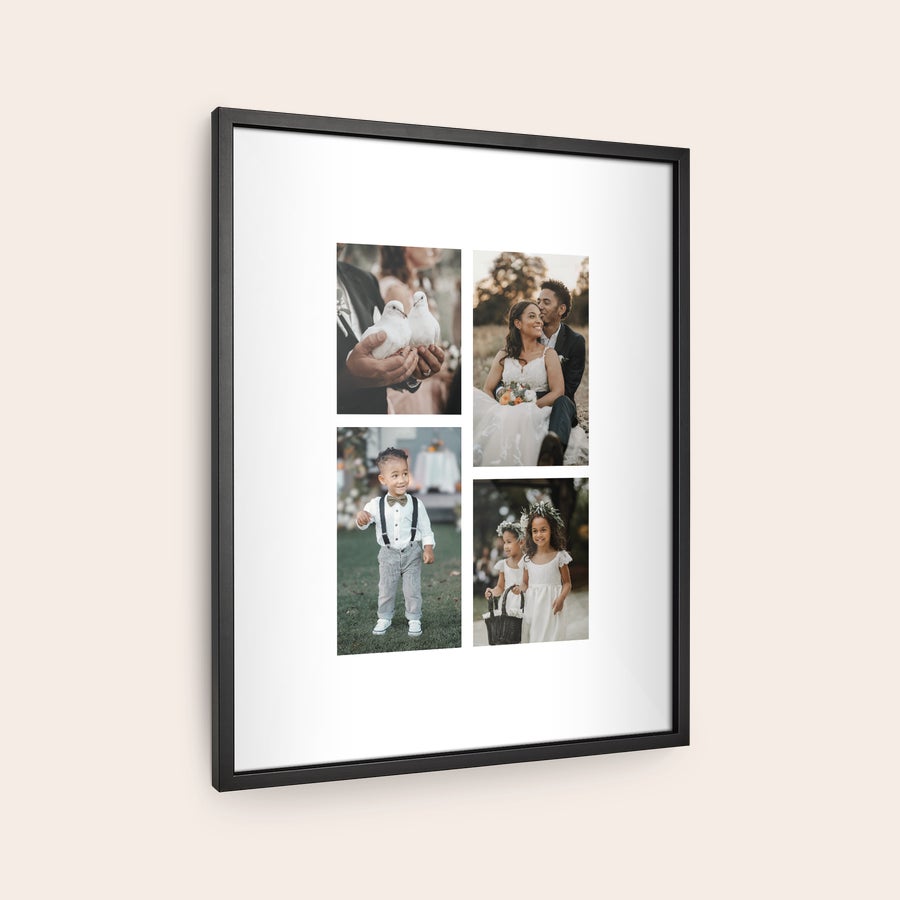 Fotografia emoldurada Moldura personalizada preta com 4 fotos impressas. Imortalize a sua memória mais bonita ao colocá-la numa linda moldura