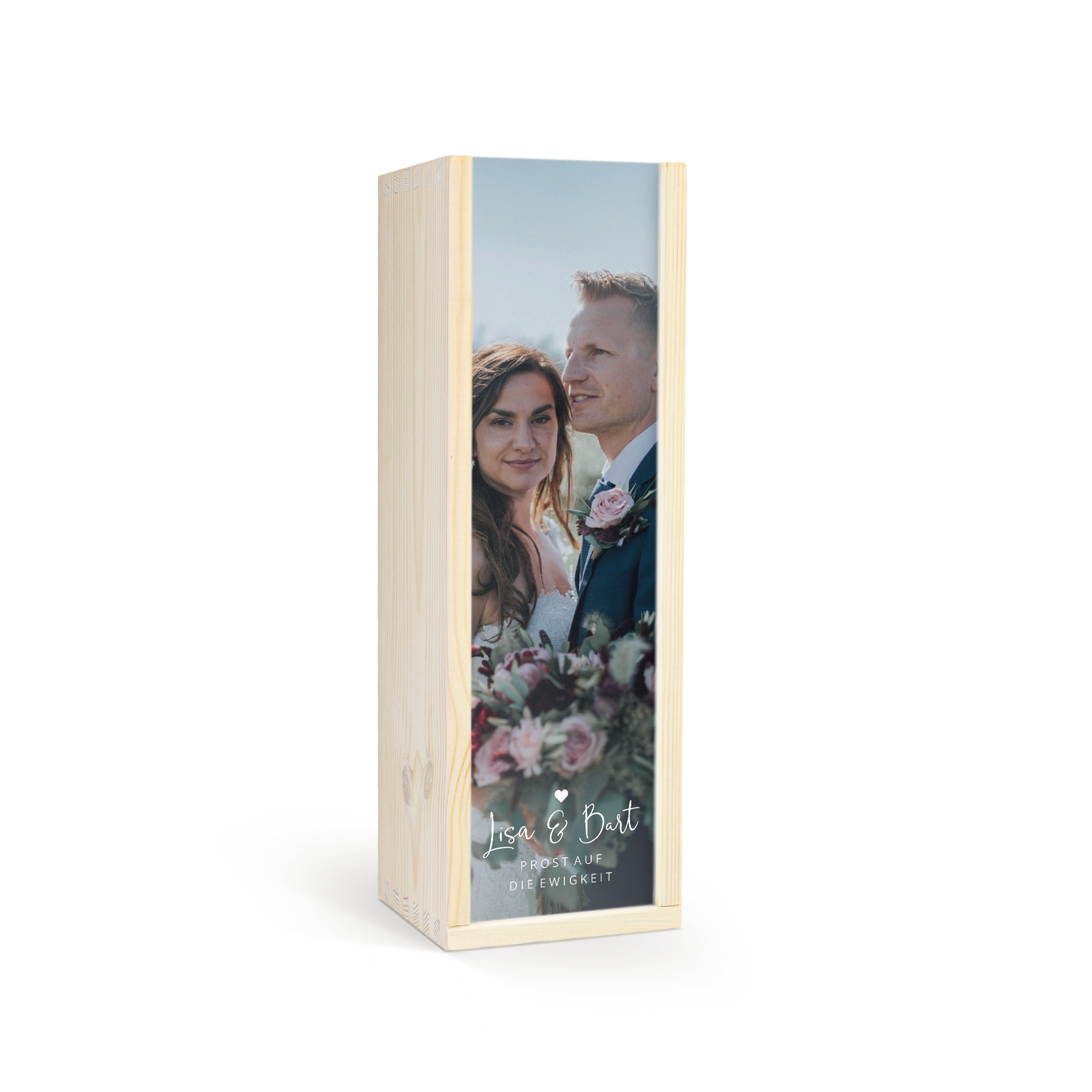 Salentein Pinot Noir Wein in Holzkiste als Geschenk mit Foto von Lisa und Bart sowie dem Text Prost auf die Ewigkeit vollfarbig bedruckt