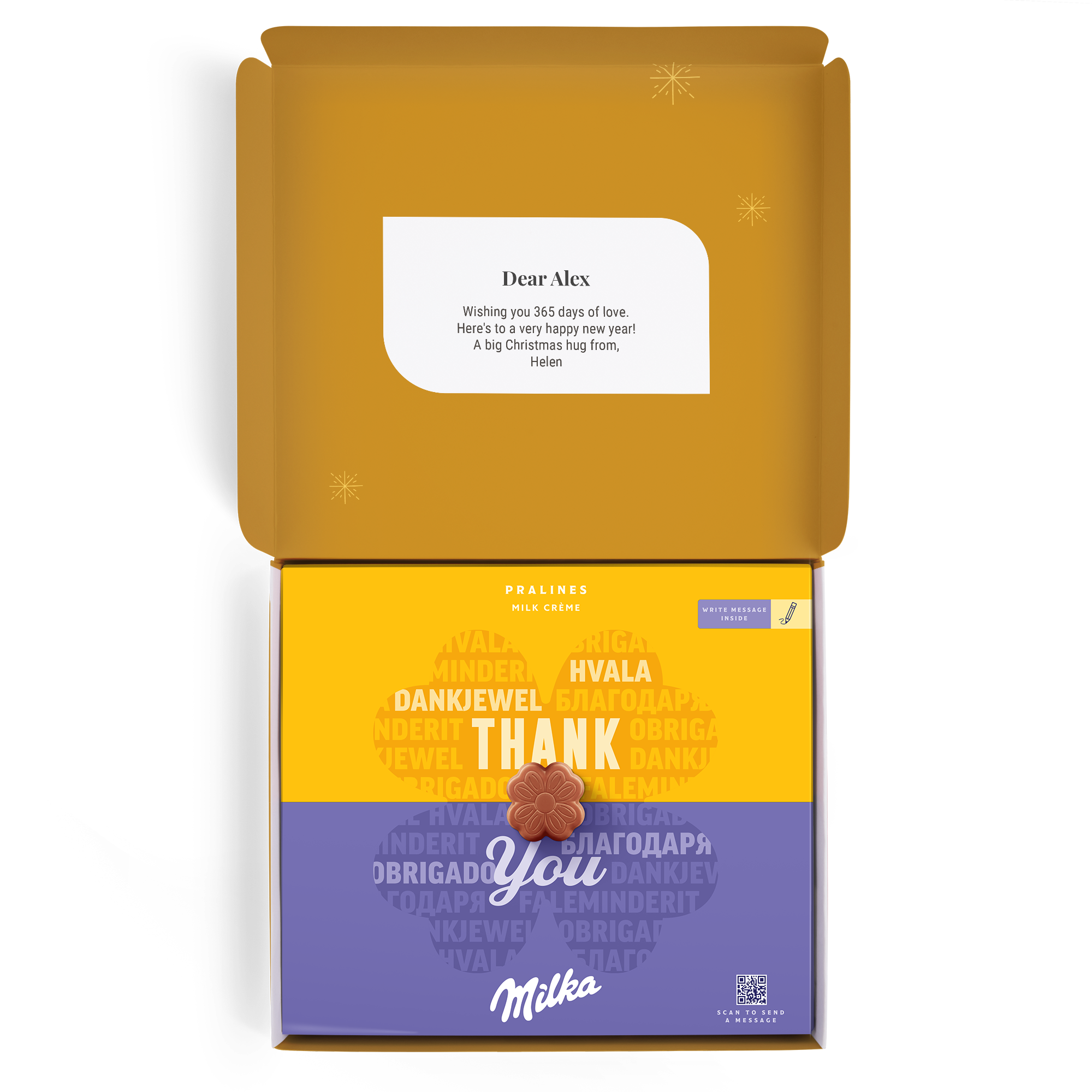 Personalized Milka gift box with a custom printed thank you message and "Dear Alex" card for Christmas