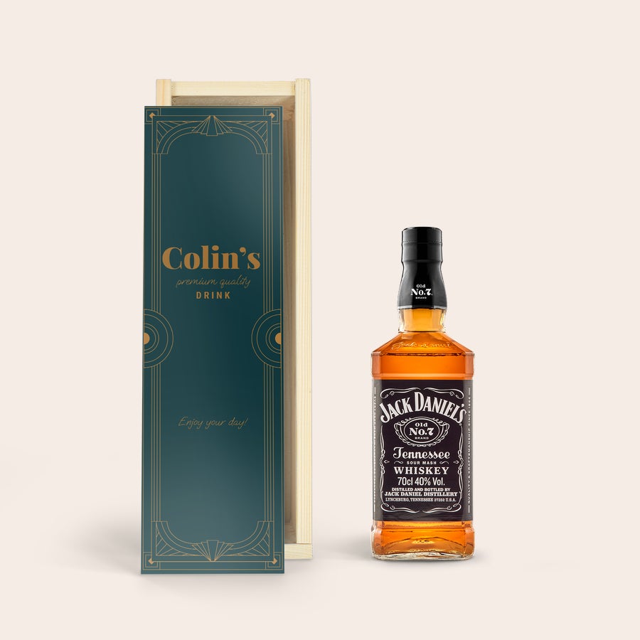 Whisky Jack Daniels personalizado Botella de whisky Jack Daniels en caja de madera personalizada con estampado "Colin's premium quality drink".