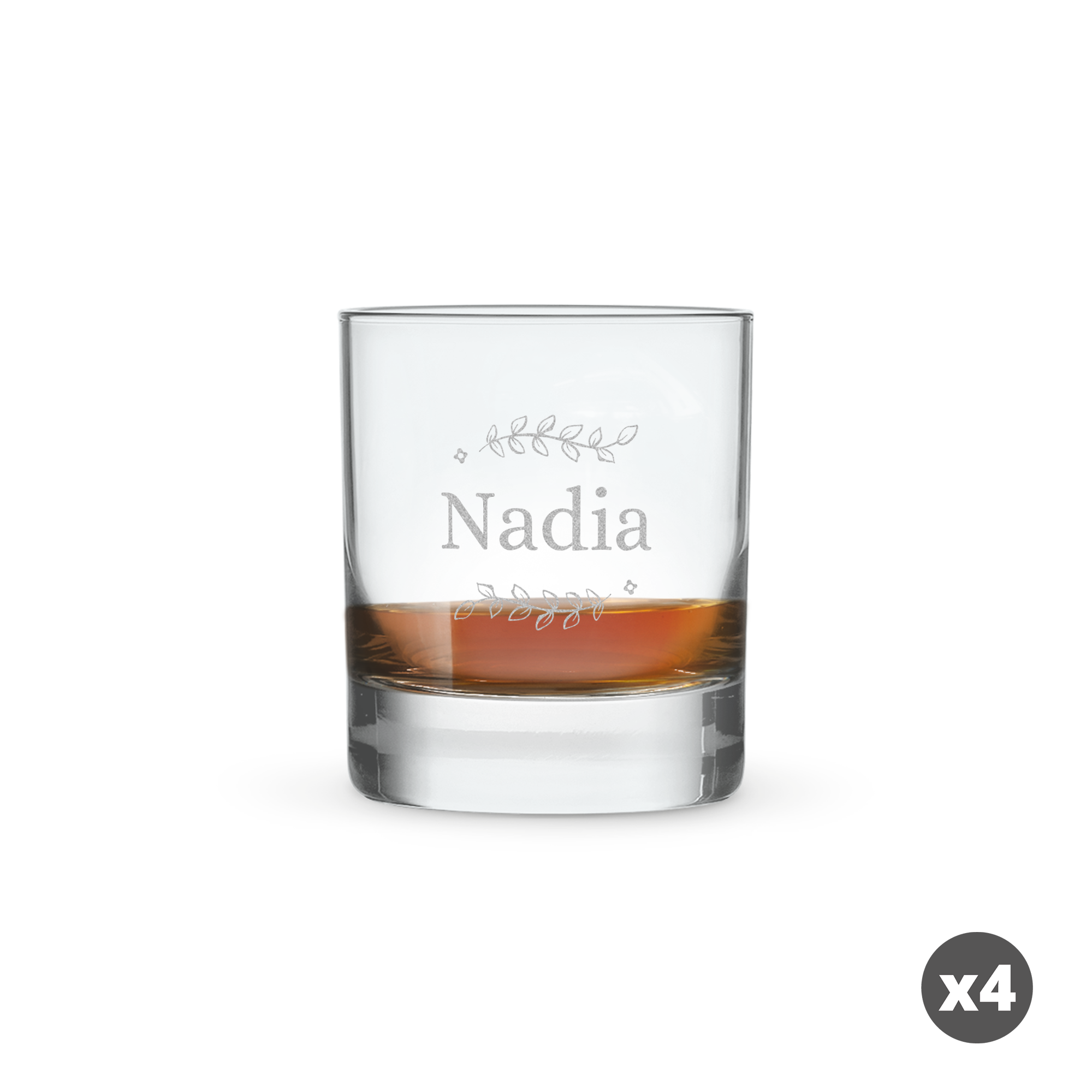 Whiskyglas med indgraveret "Nadia" i kransdesign. Personligt whiskyglas med din tekst eller navn.