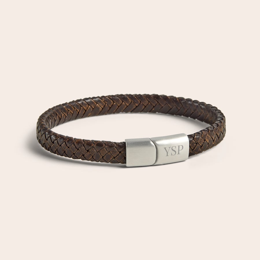 Bracciale in Pelle Personalizzato Braccialetto di cuoio intrecciato marrone con chiusura in acciaio incisa con iniziali YSP il regalo perfetto