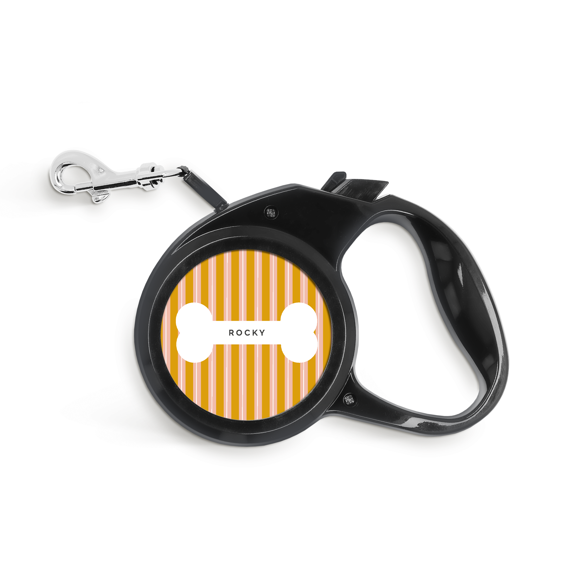 Laisse pour chien personnalisée noire avec plaque en aluminium imprimée rayures et os blanc avec le nom ROCKY