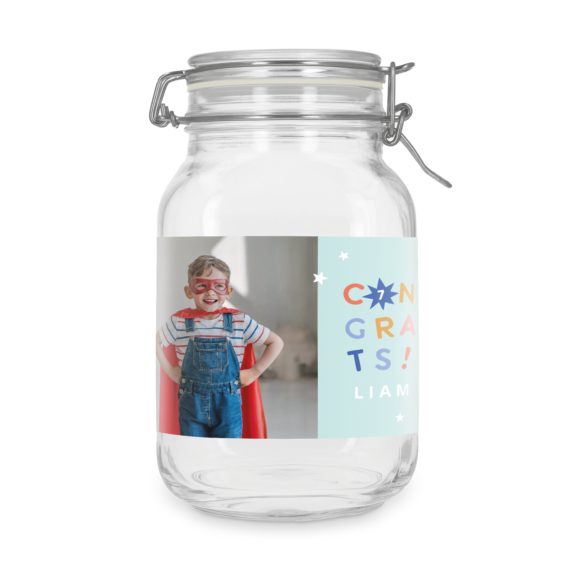 Personalised glass jar with lid, 2l, printed with a photo of a boy in a superhero costume and the text CONGRATS! LIAM