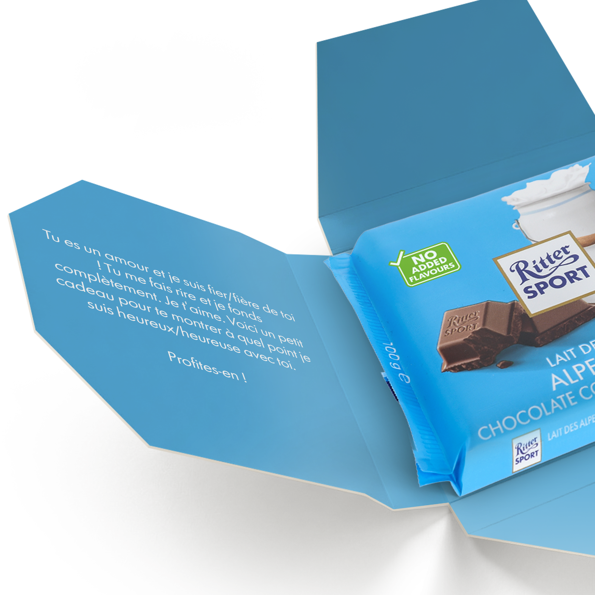 Chocolat Ritter Sport personnalisé - Chocolat au lait alpin dans sa boite bleue imprimee avec un message personnel