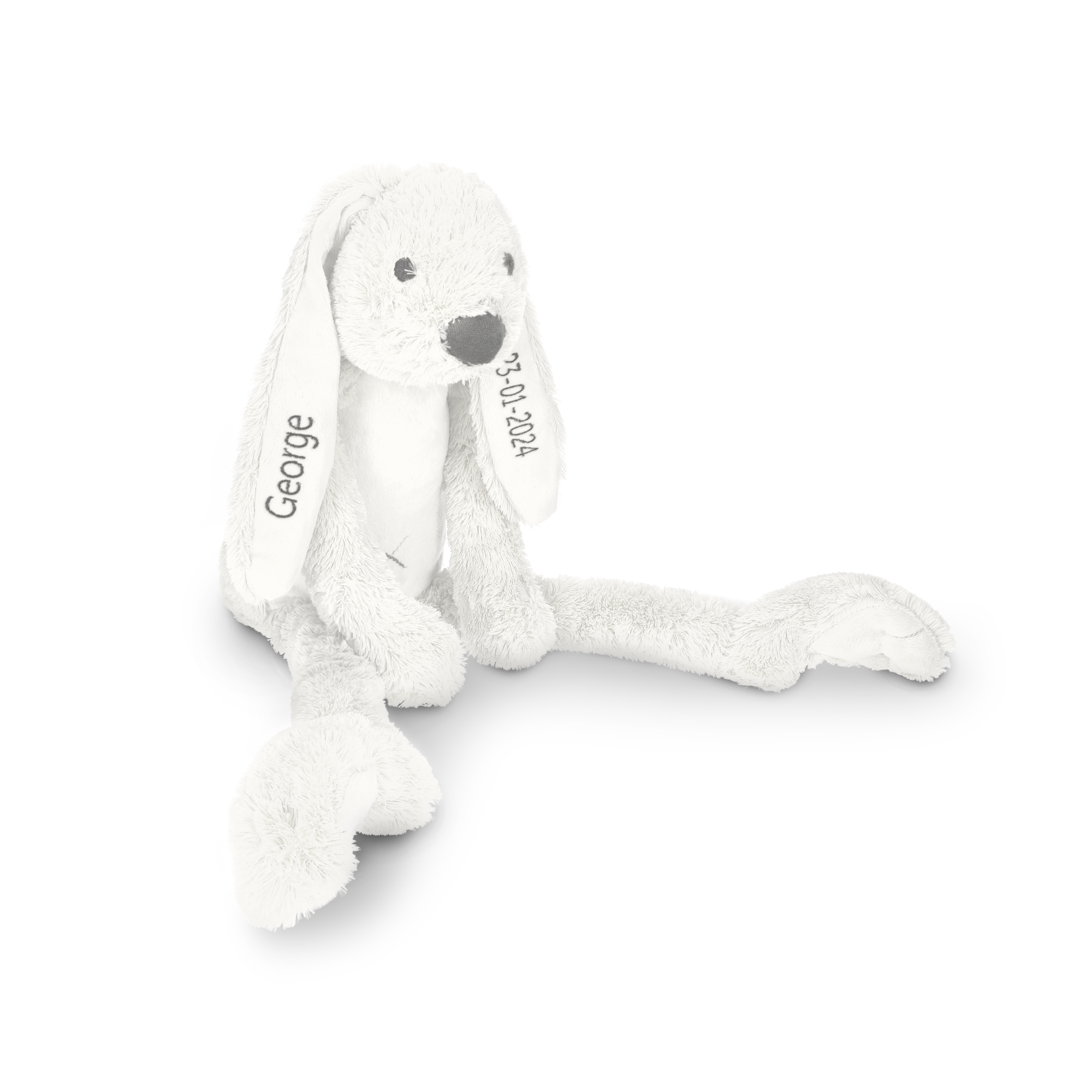 Coniglietto peluche Richie bianco personalizzato con il nome George e la data 23-01-2024 ricamati sulle orecchie