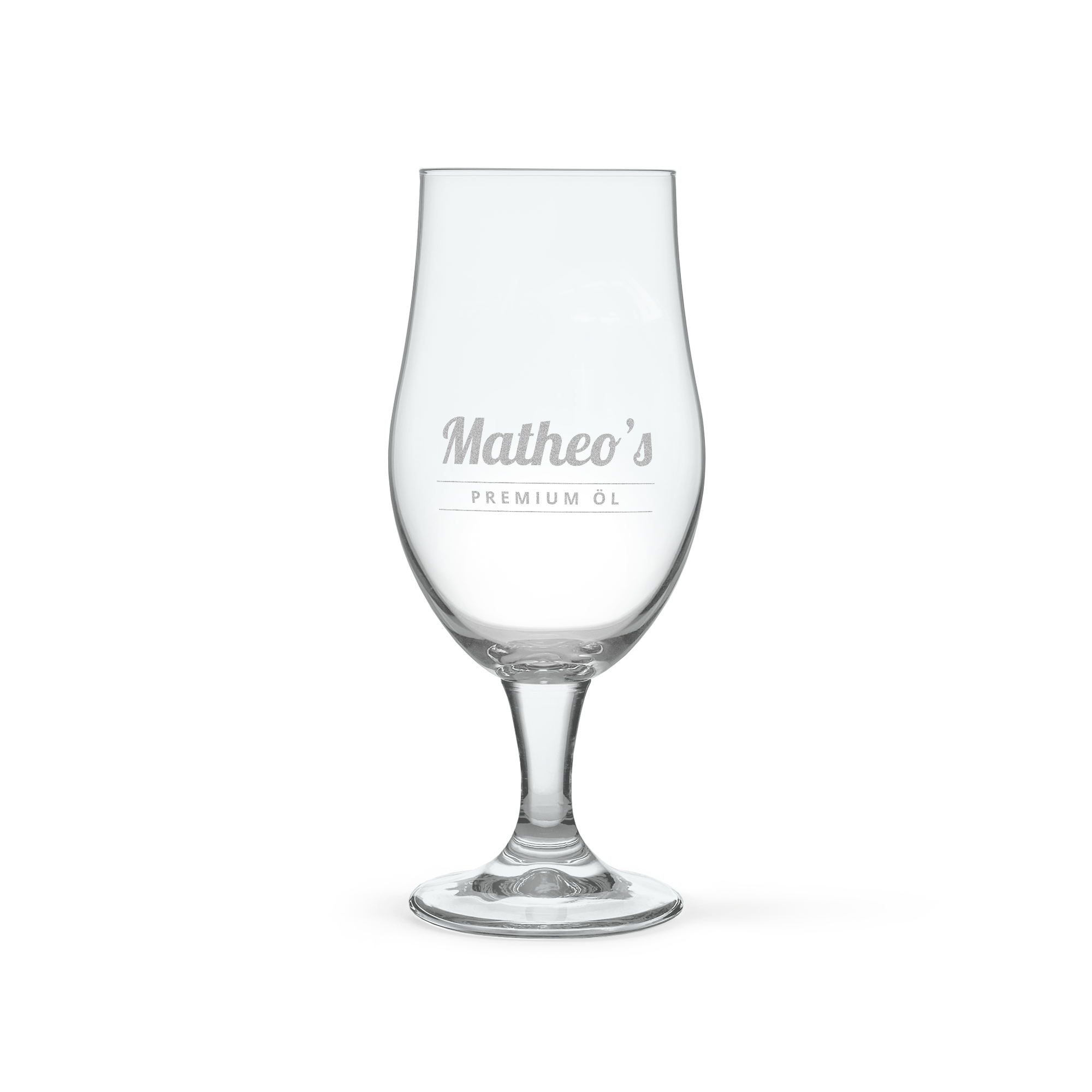 Graverat hantverksölglas med texten "Matheo's PREMIUM ÖL", en unik gåva till dina nära och kära.