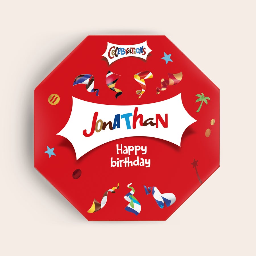Celebrations box with name Red personalized Celebrations box printed with the name Jonathan and Happy Birthday text