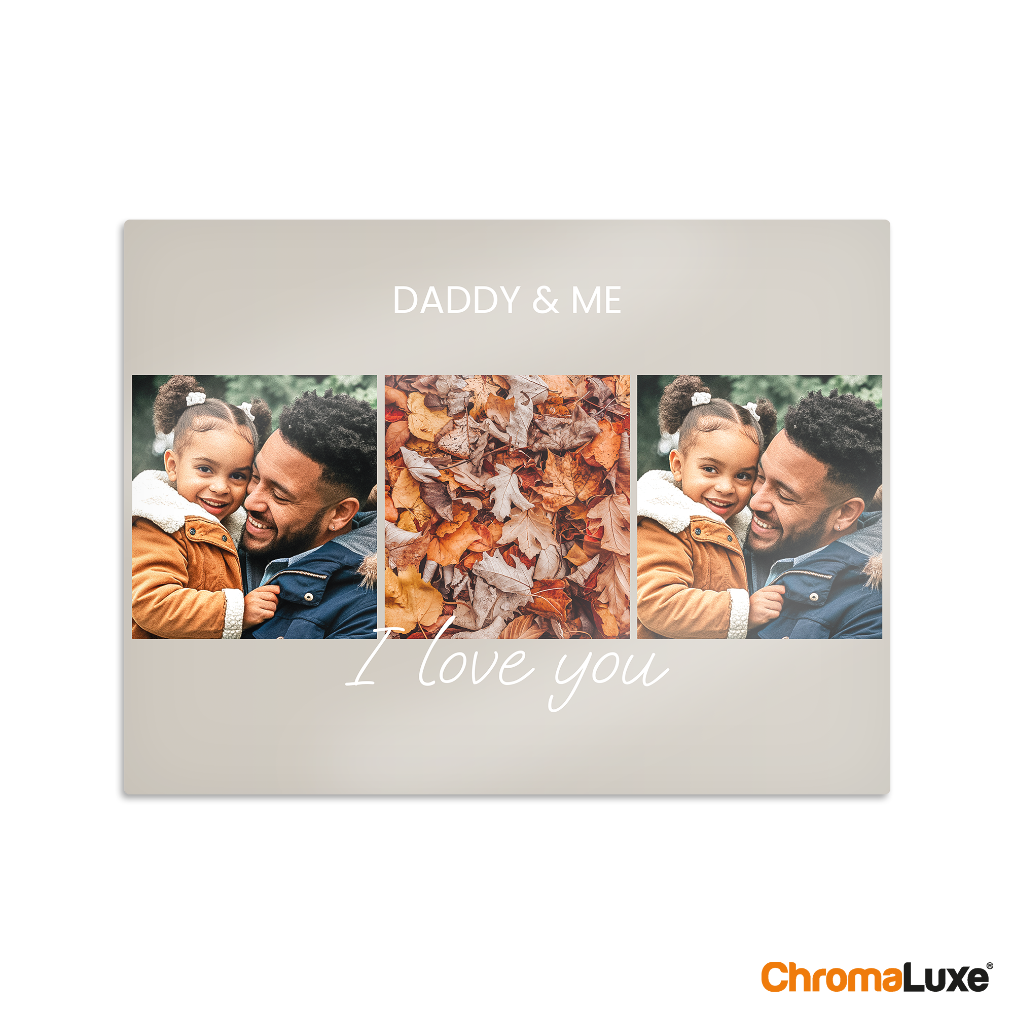 Instagram-fotokollasje i aluminium med et trykt bilde av en far og datter, samt teksten Daddy & Me og I love you.