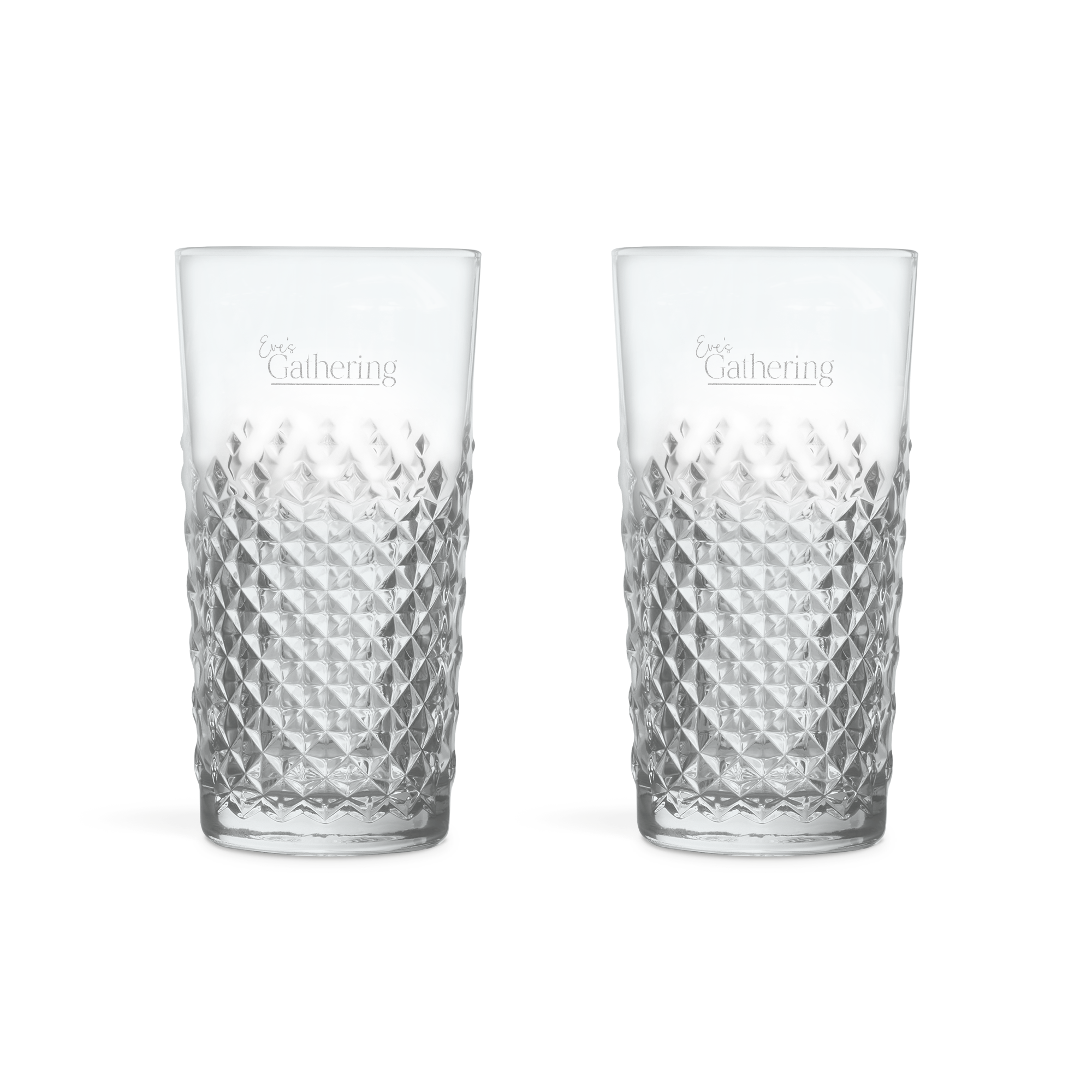 Two personalised engraved mojito glasses with a diamond pattern, customized with the text Eves Gathering