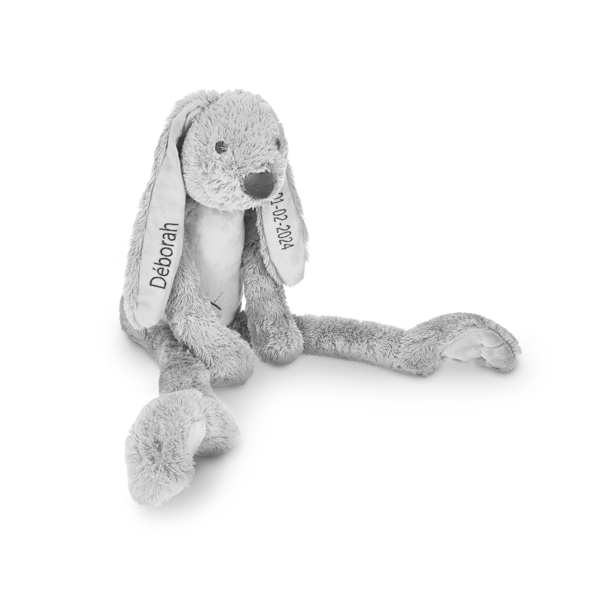 Doudou lapin tout doux gris personnalisé avec le nom Déborah et la date 01-02-2024 brodés sur les oreilles