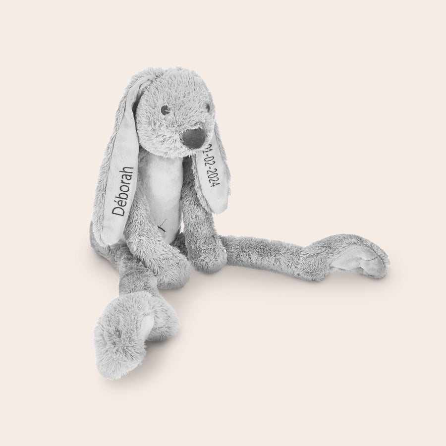 Peluche lapin personnalisé - Happy Horse Doudou lapin tout doux gris personnalisé avec le nom Déborah et la date 01-02-2024 brodés sur les oreilles