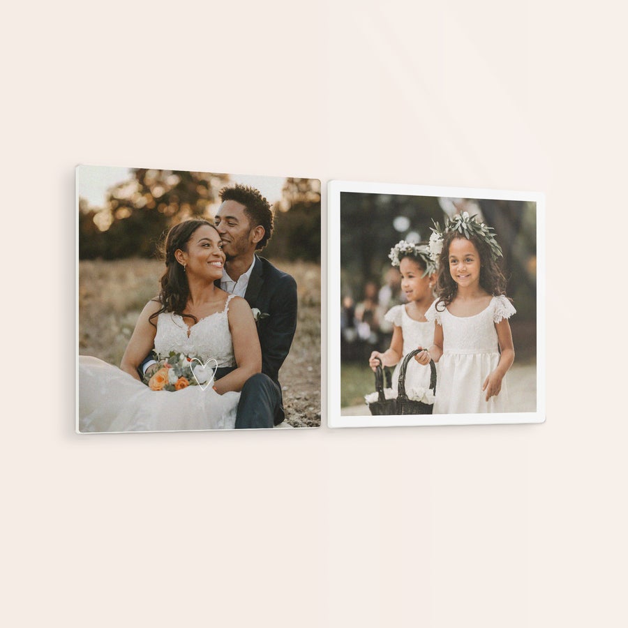 Panneaux muraux géométriques personnalisés Deux panneaux muraux en forex personnalisés avec des photos de mariage et d'enfants, pour habiller votre mur