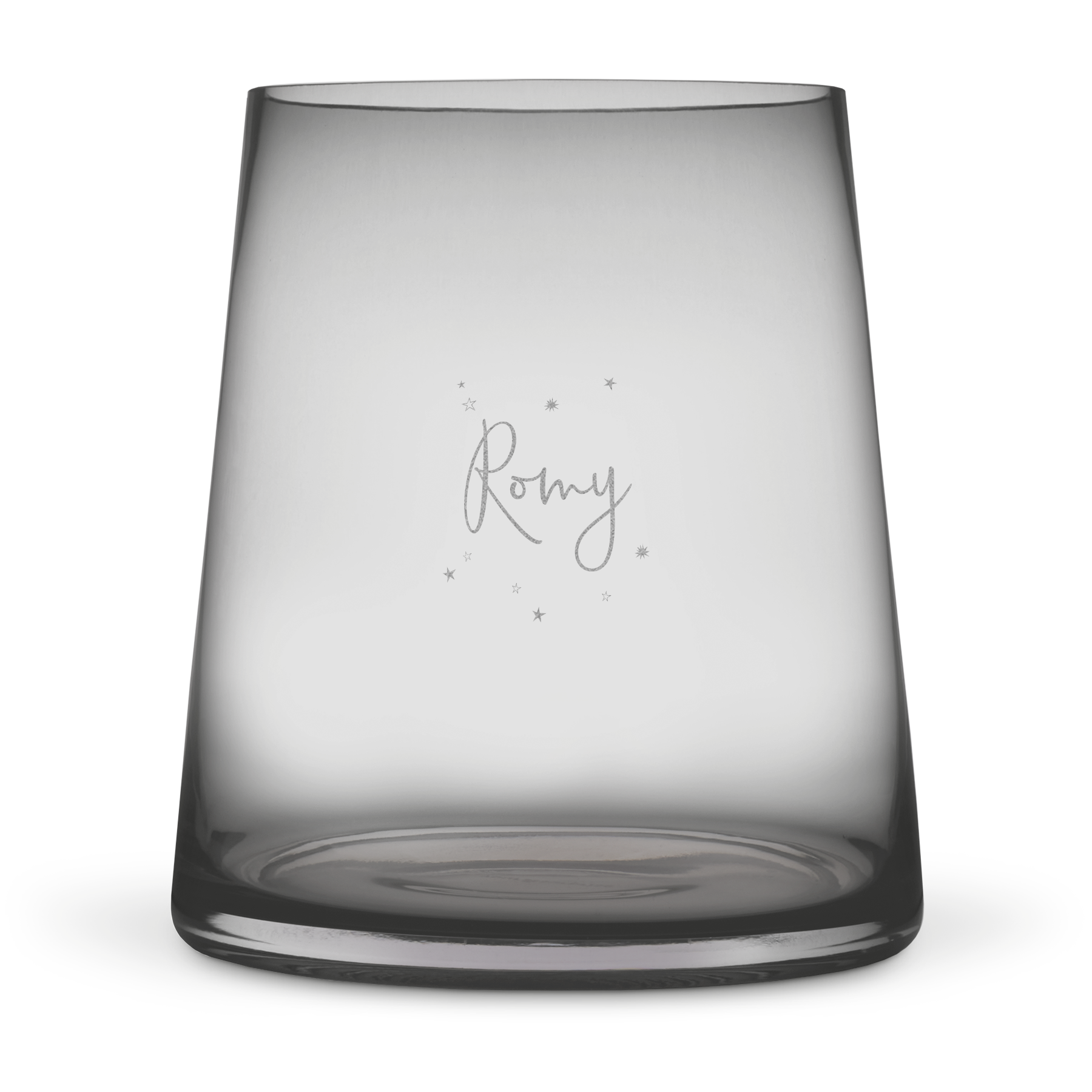 Donkere, gegraveerde vaas met de naam 'Romy' en sterretjes gepersonaliseerd door middel van graveren. Fleur het huis op met een gegraveerde vaas.