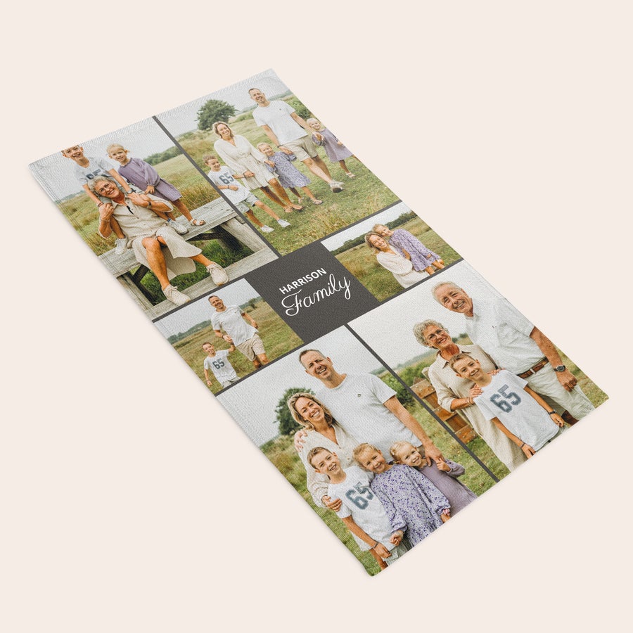 Personalizovaný uterák Osobný uterák s potlačou rodinných fotografií a nápisom Harrison Family, prekvap svoju milovanú osobu.