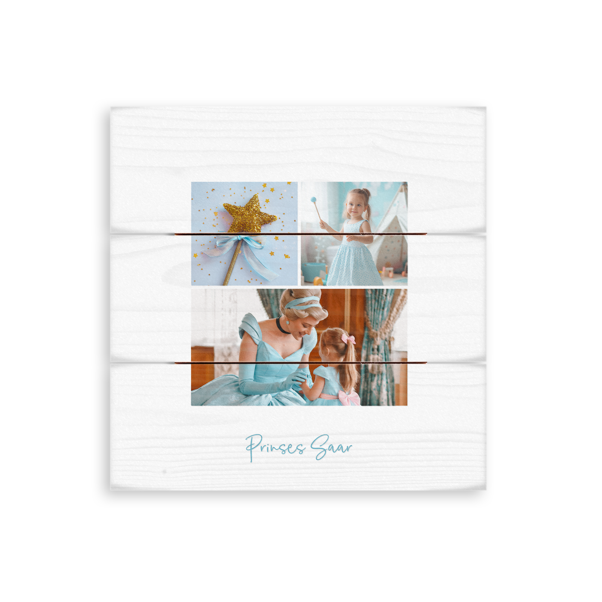 Houten fotopaneel met drie geprinte fotos van een prinses met klein meisje en tekst Prinses Saar.