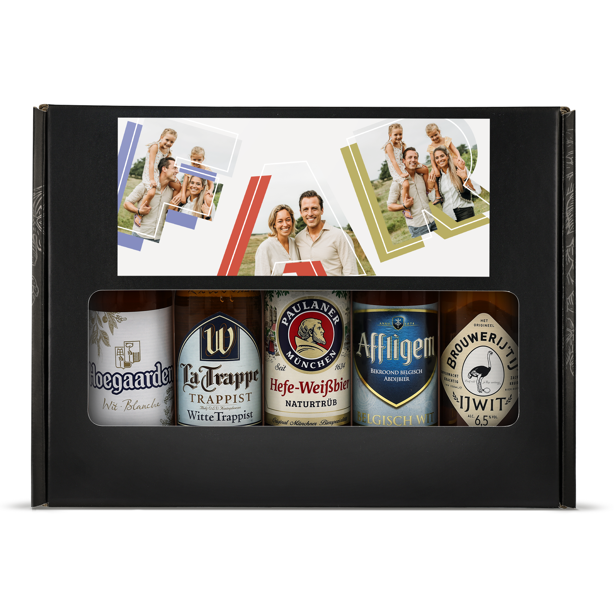Personligt ølgavesæt - Weizen med familiebilleder printet på et stilfuldt gaveæske, der kan tilpasses.