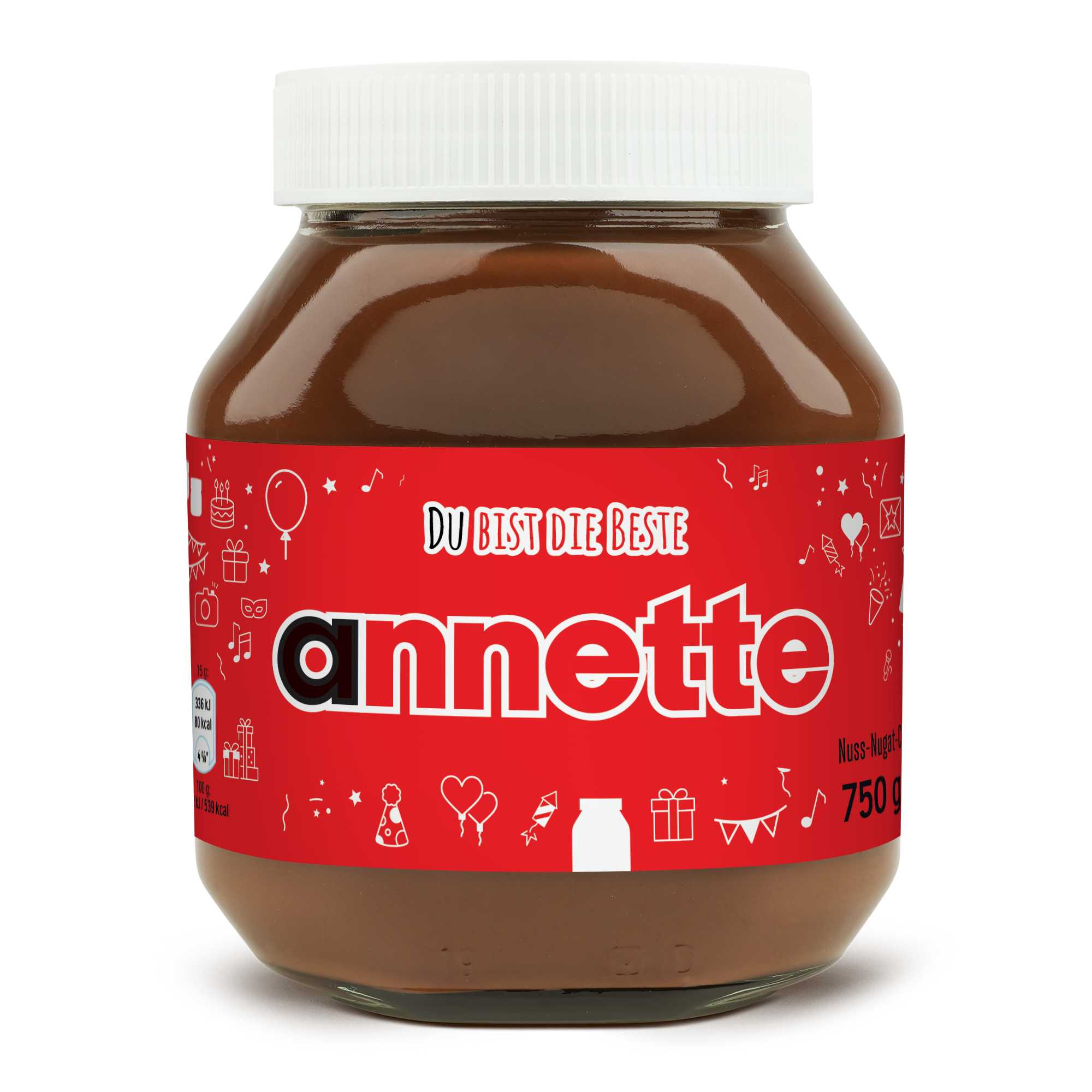 Individuell bedrucktes nutella Glas mit rotem Party-Etikett Annette 750 Gramm. Ideal, um nutella personalisieren zu lassen.