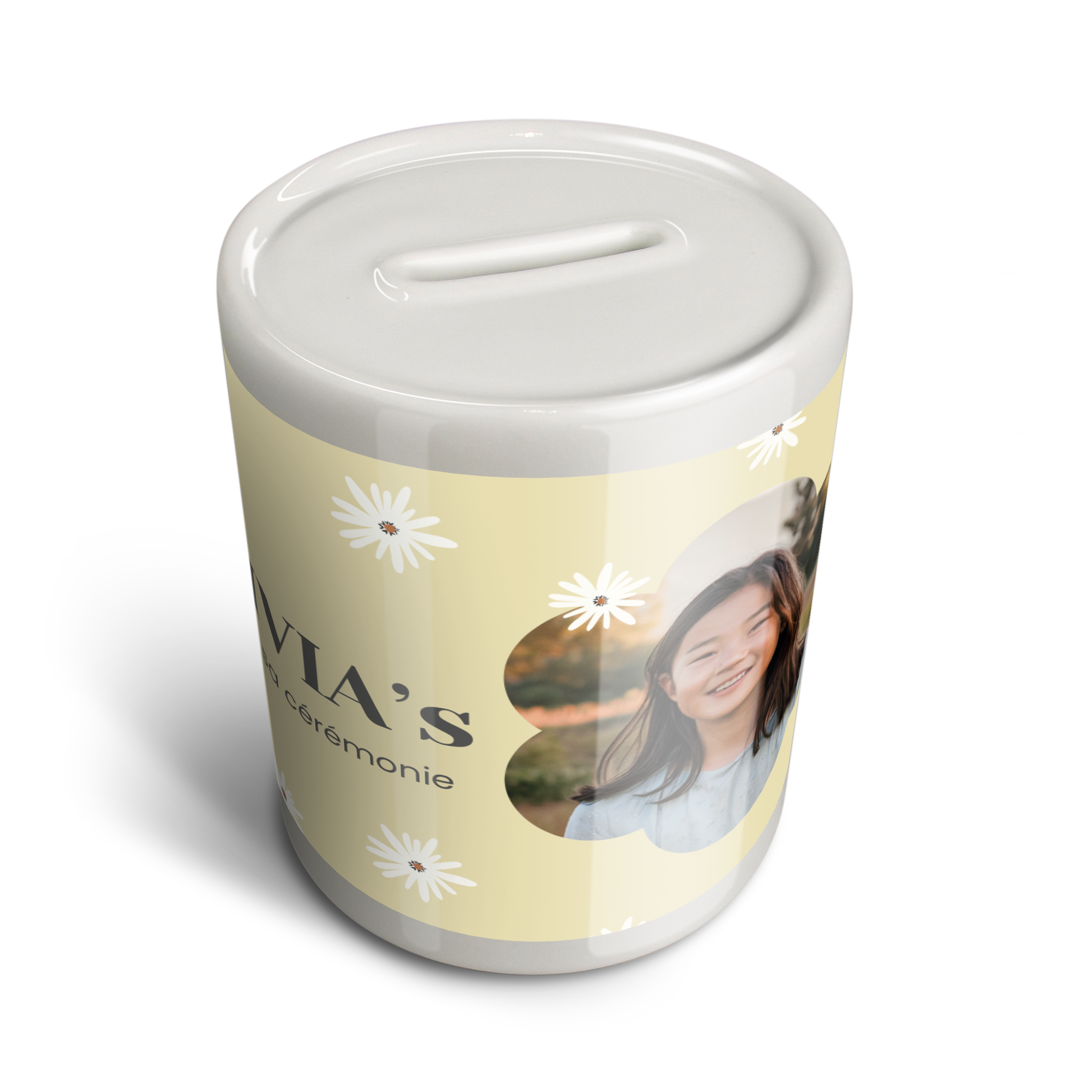 Tirelire communion personnalisée avec photo et texte pour rassembler l'argent de communion.