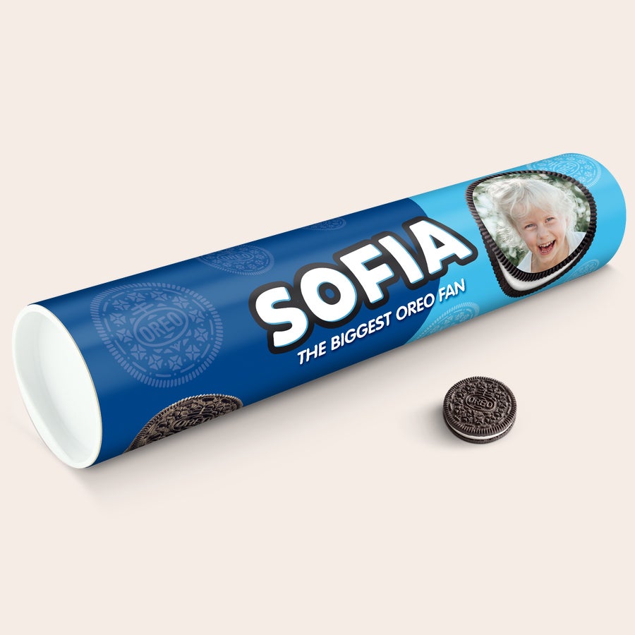 Mega Oreo Gave med navn og billede Personliggjort Mega Oreo Gaverulle med et foto og navnet Sofia til en der elsker småkager