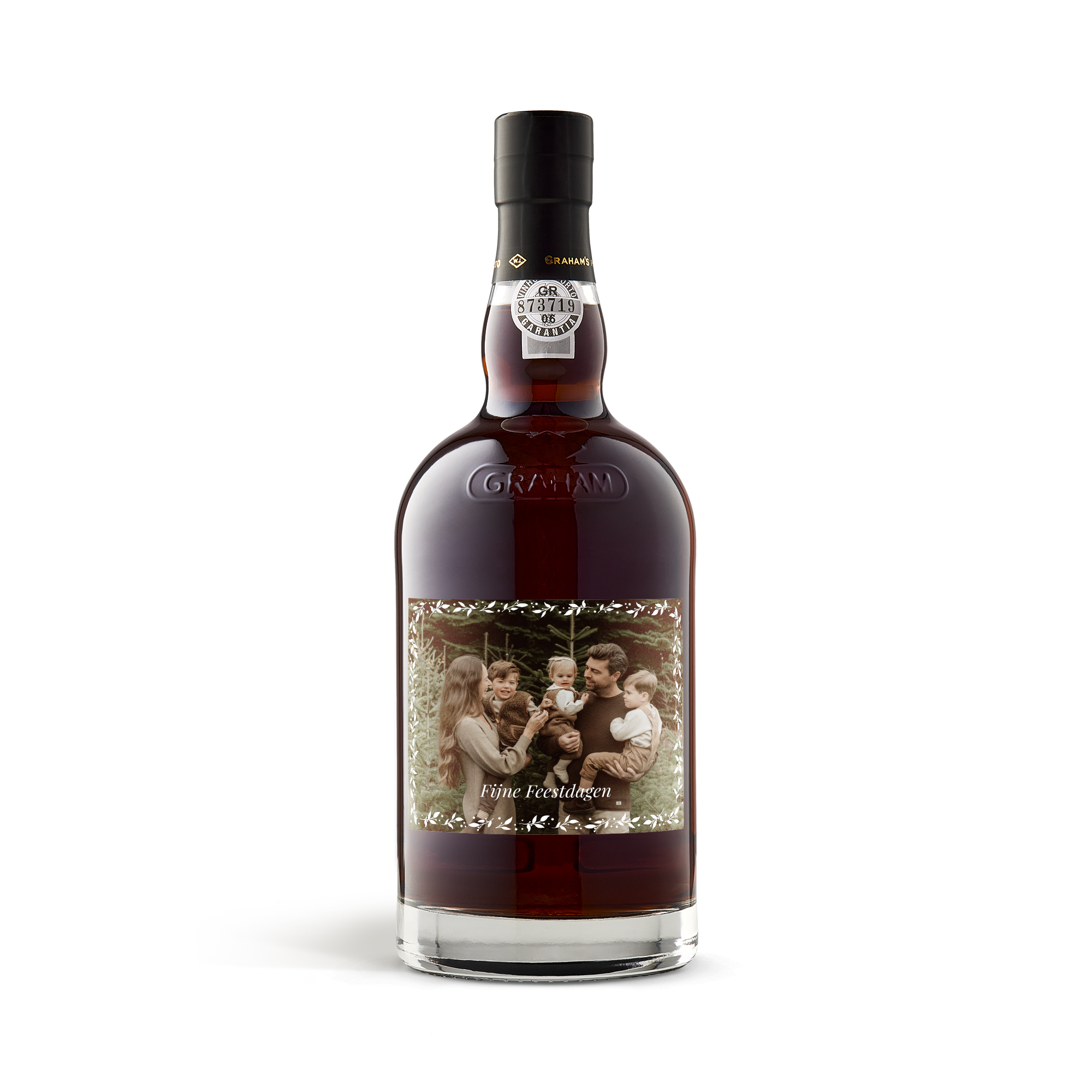 Fles Graham's port met een persoonlijk etiket geprint met een familiefoto en de tekst Fijne Feestdagen.