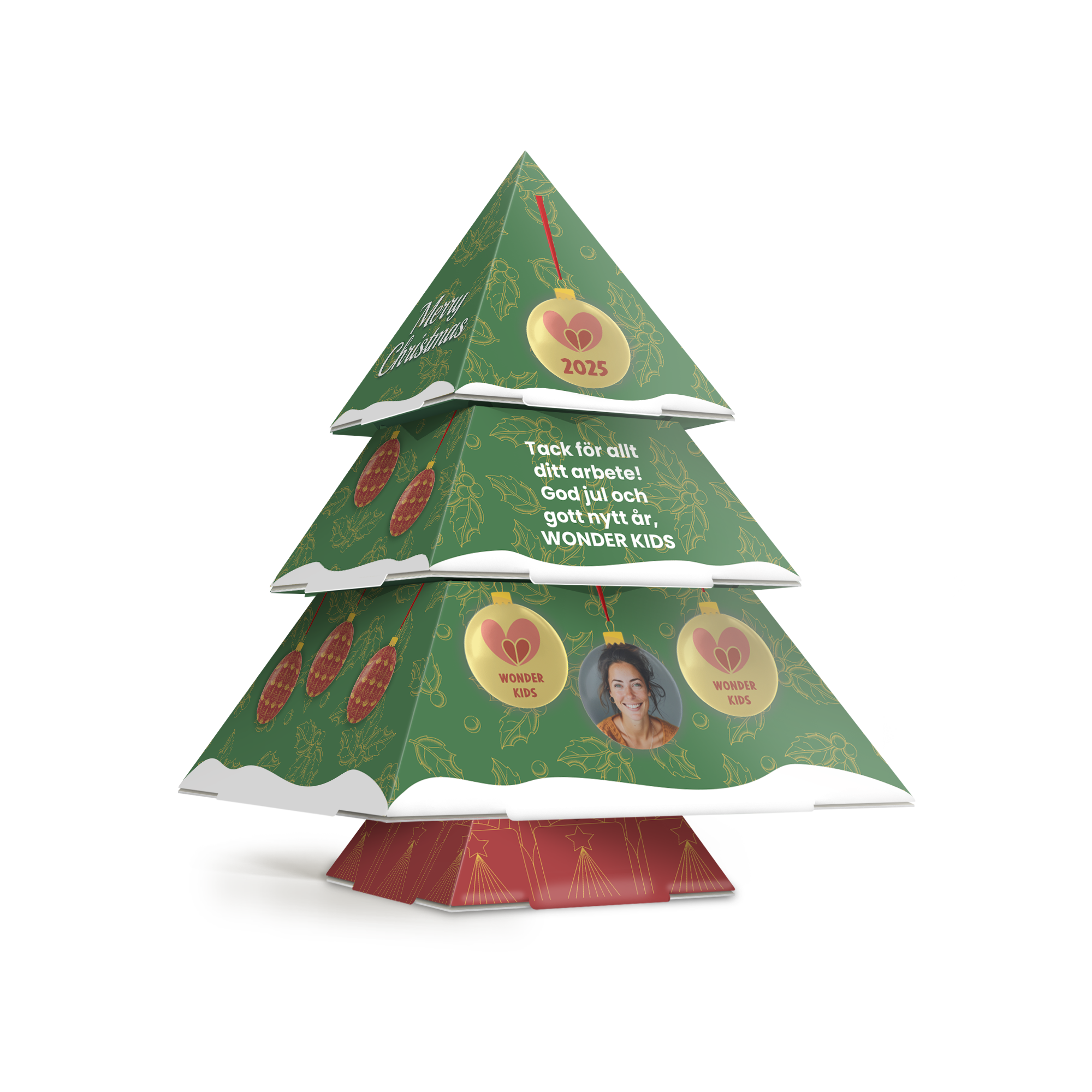 Personlig DIY-julgran av papper med "Tack för allt ditt arbete!" text, foto och logotyp tryckt i färg för att lysa upp semestern med en personlig touch.