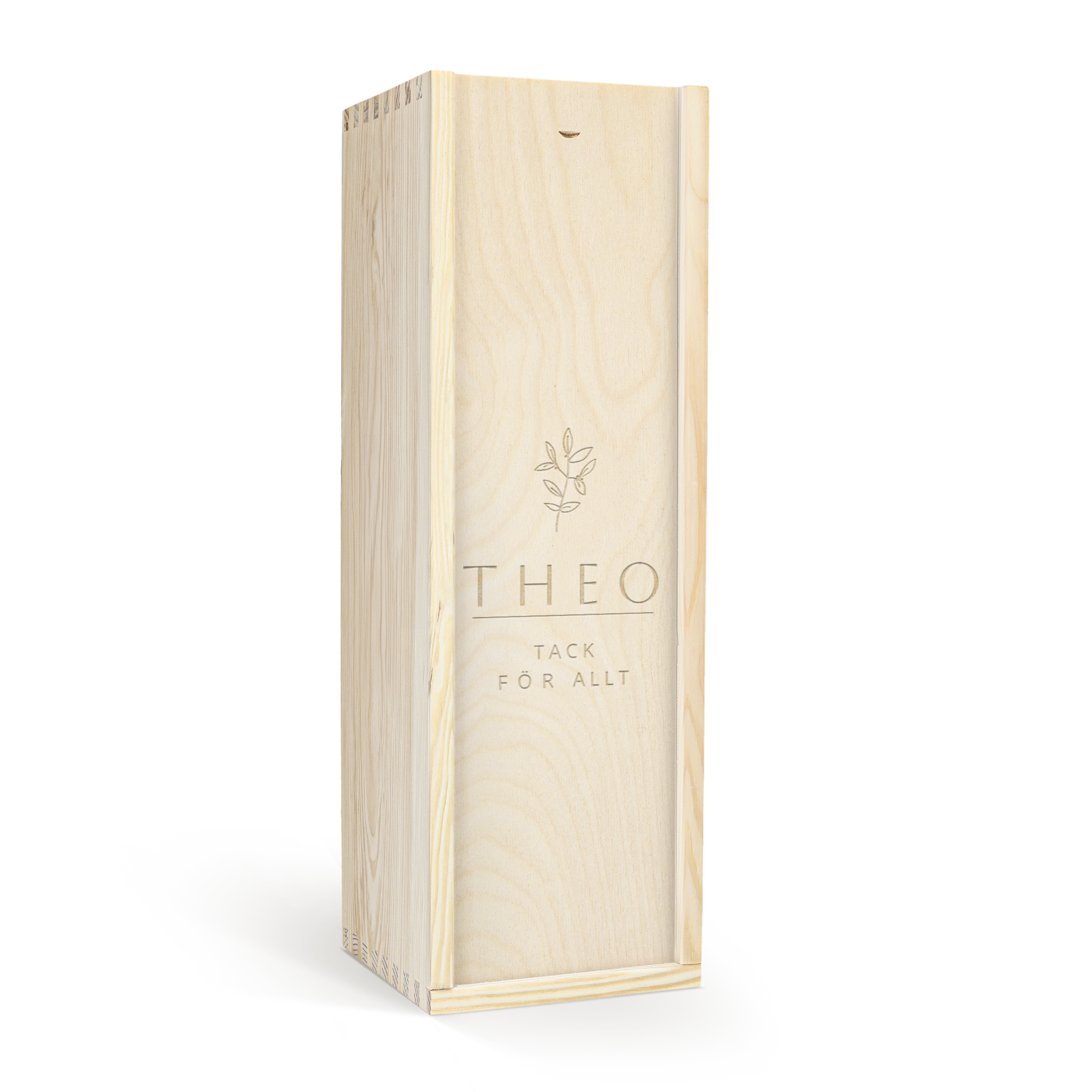 Graham's 10-åriga portvin i en graverad träask med namnet Theo och texten "Tack för allt".