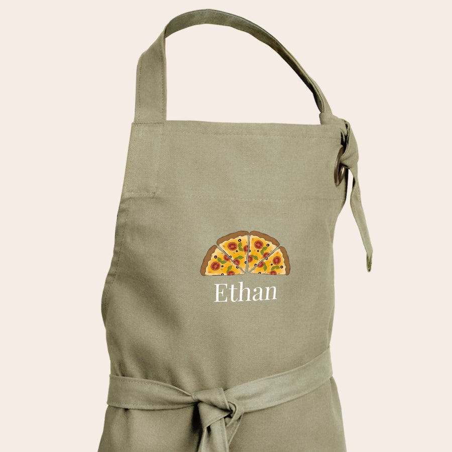 Grembiule per bambini Grembiule da chef personalizzato color beige per bambino, stampato con fette di pizza e il nome Ethan