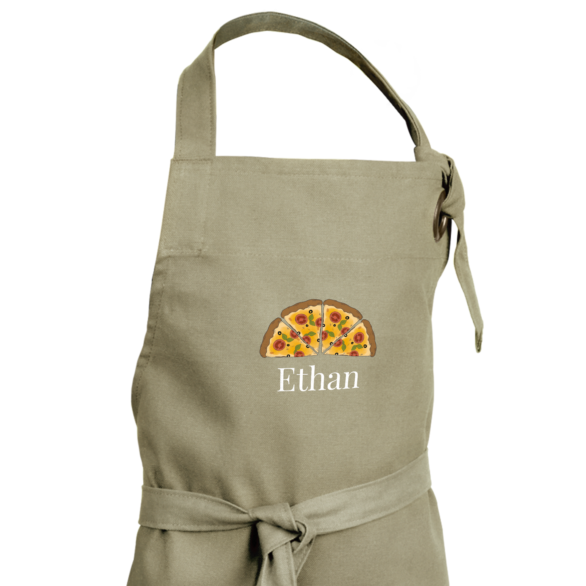 Șorț personalizat de culoare bej cu imprimeu felii de pizza și numele Ethan.