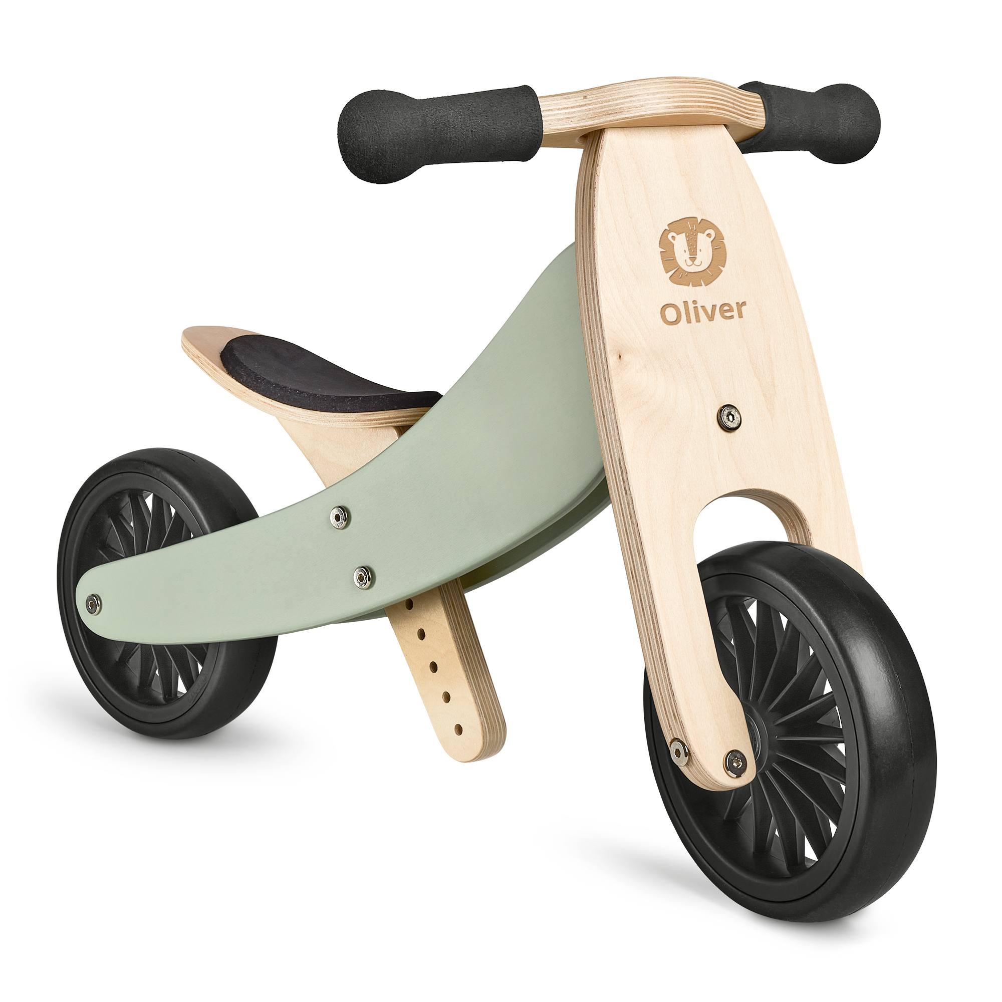 Graveret trehjulet cykel i træ