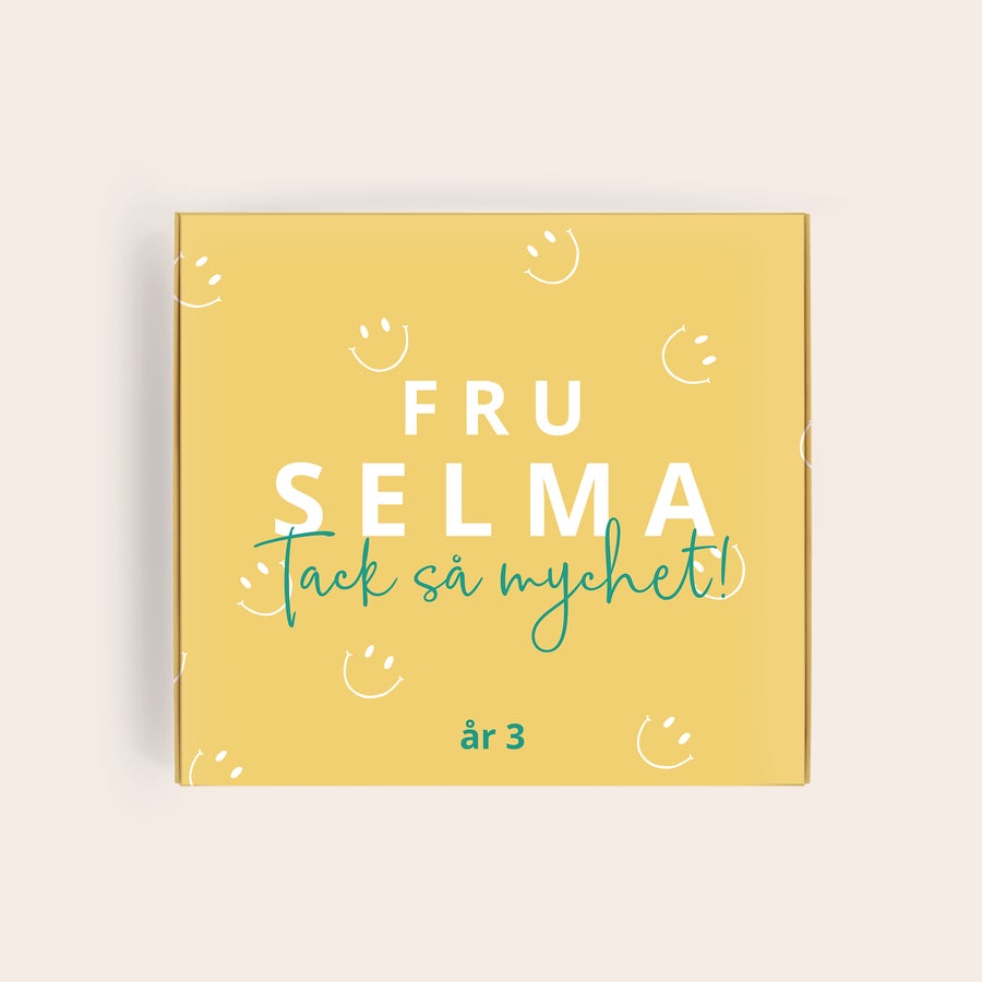 Tony's Chocolonely Presentask Gul Tony's Chocolonely presentask med tryckt text Fru Selma Tack så mycket! år 3, en perfekt present att överraska dem.