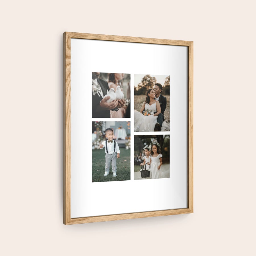 Personalised photo print with frame Personalized photo print to hang on your wall featuring four custom photos in a light wooden frame