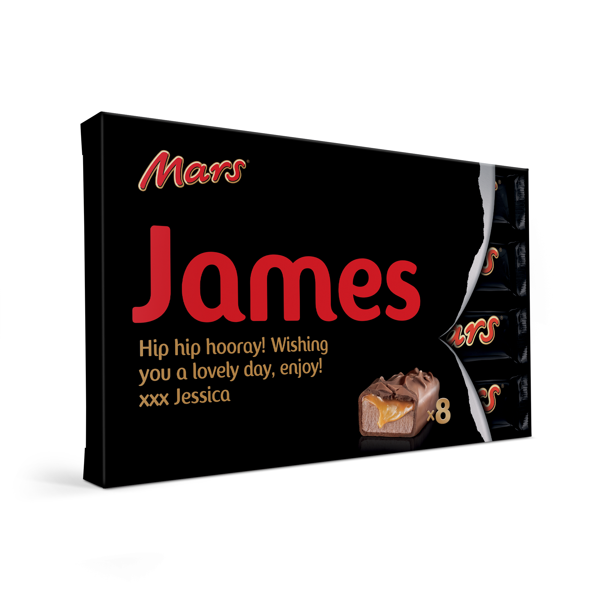 Cutie cadou Mars personalizata cu numele James si mesajul Jessica, continand 8 batoane Mars, cu o bara de ciocolata taiata vizibila