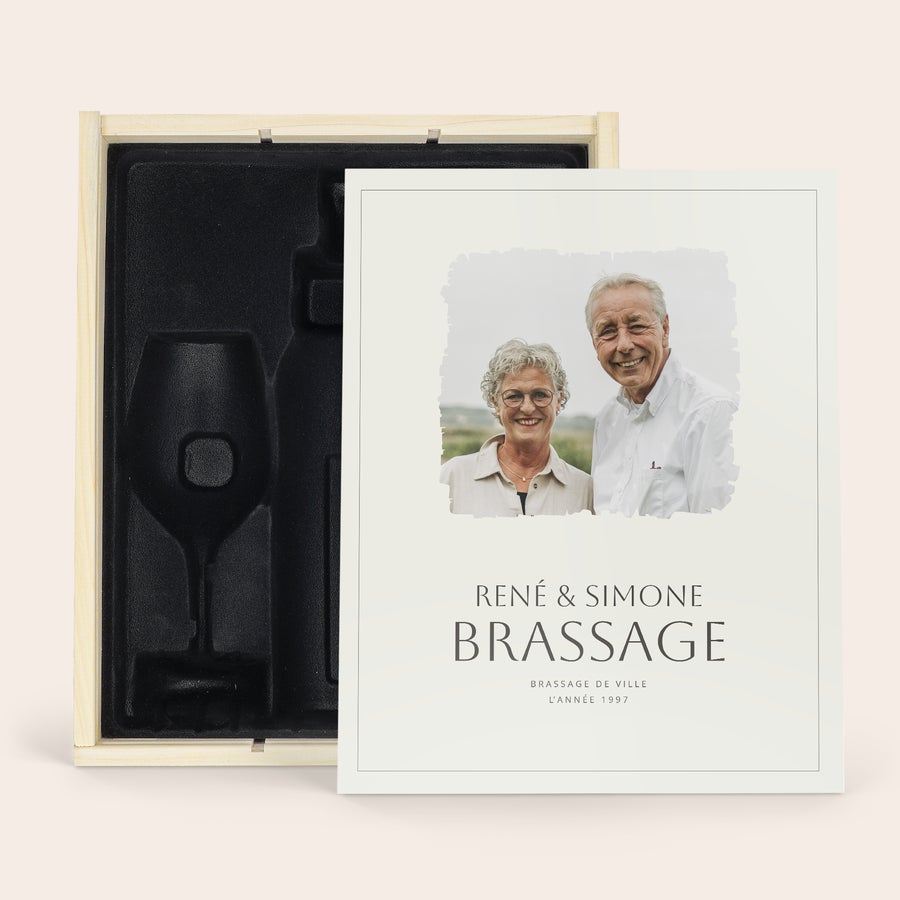 Caisse à vin Coffret de luxe en bois personnalisé avec photo de René et Simone, 2 verres à vin