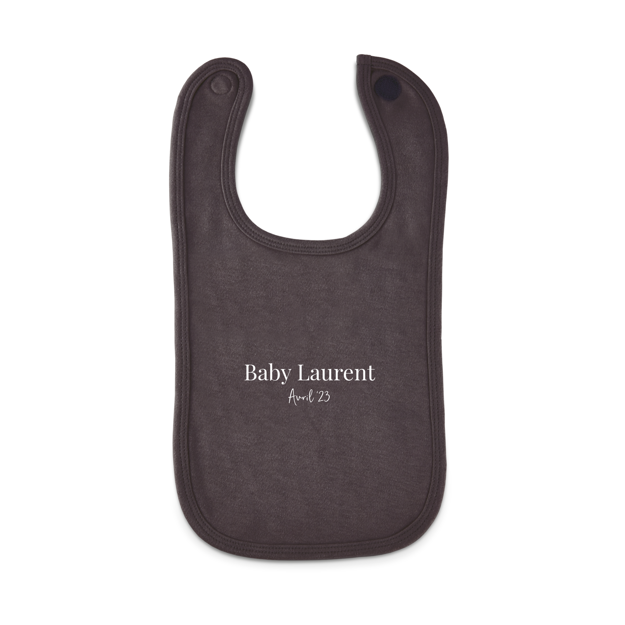Bavoir personnalisé gris anthracite imprimé "Baby Laurent Avril 23" pour garder ses vêtements propres