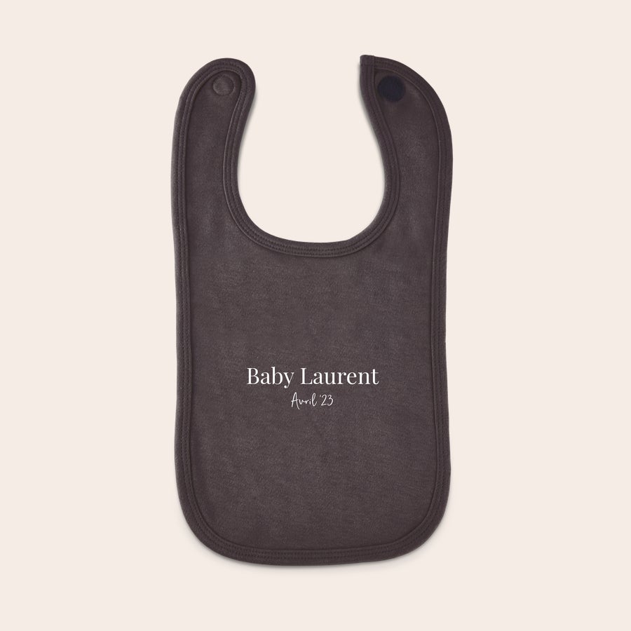 Bavoir personnalisé Bavoir personnalisé gris anthracite imprimé "Baby Laurent Avril 23" pour garder ses vêtements propres