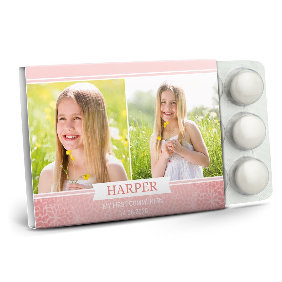 Veselo vytlačené balenie žuvačiek Mentos s fotografiami dievčaťa a menom Harper je najkrajšie spoločenstvo ďakujem