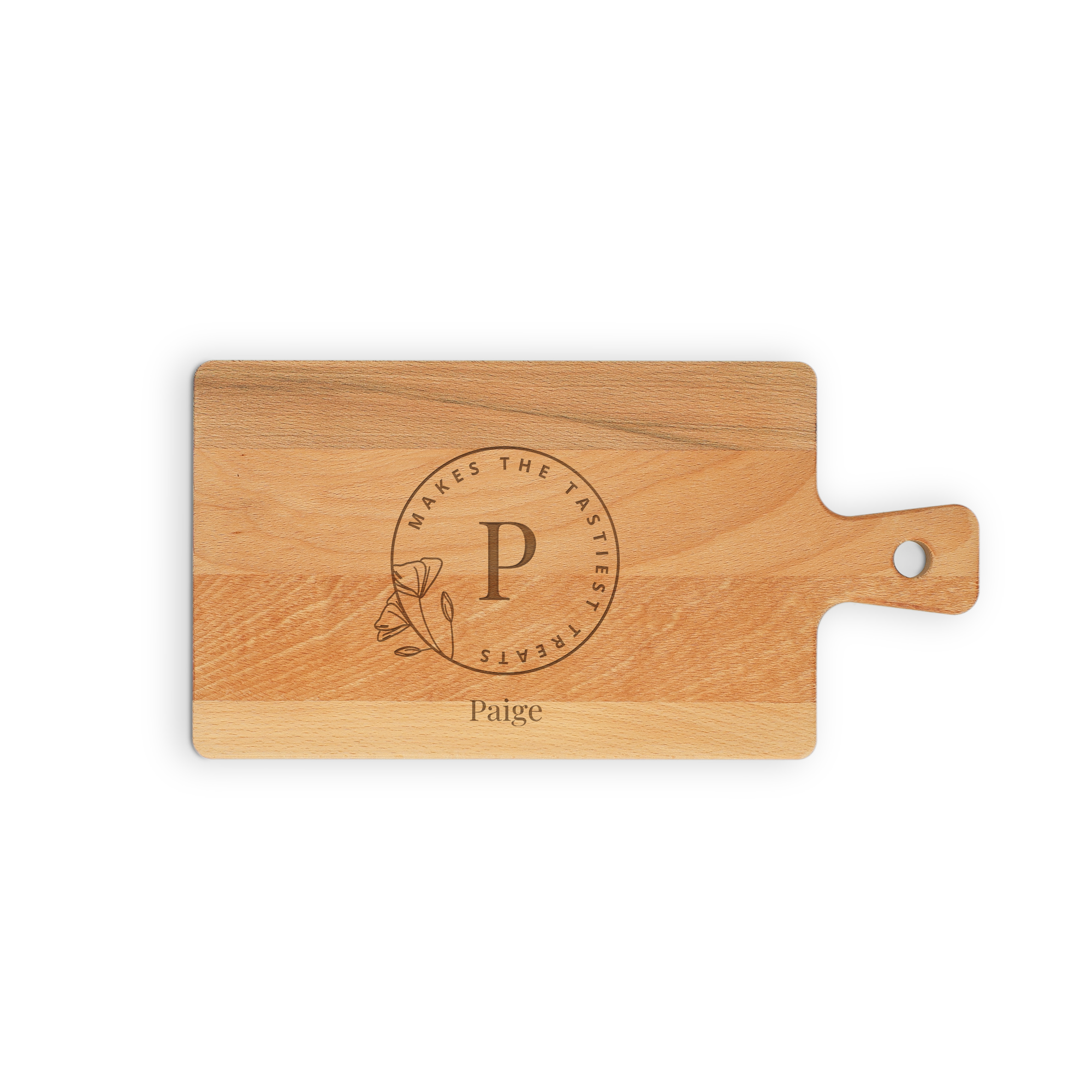Rectangular personalized wooden serving platter with a handle, engraved with the name Paige and "Makes the tastiest treats" around an initial P.