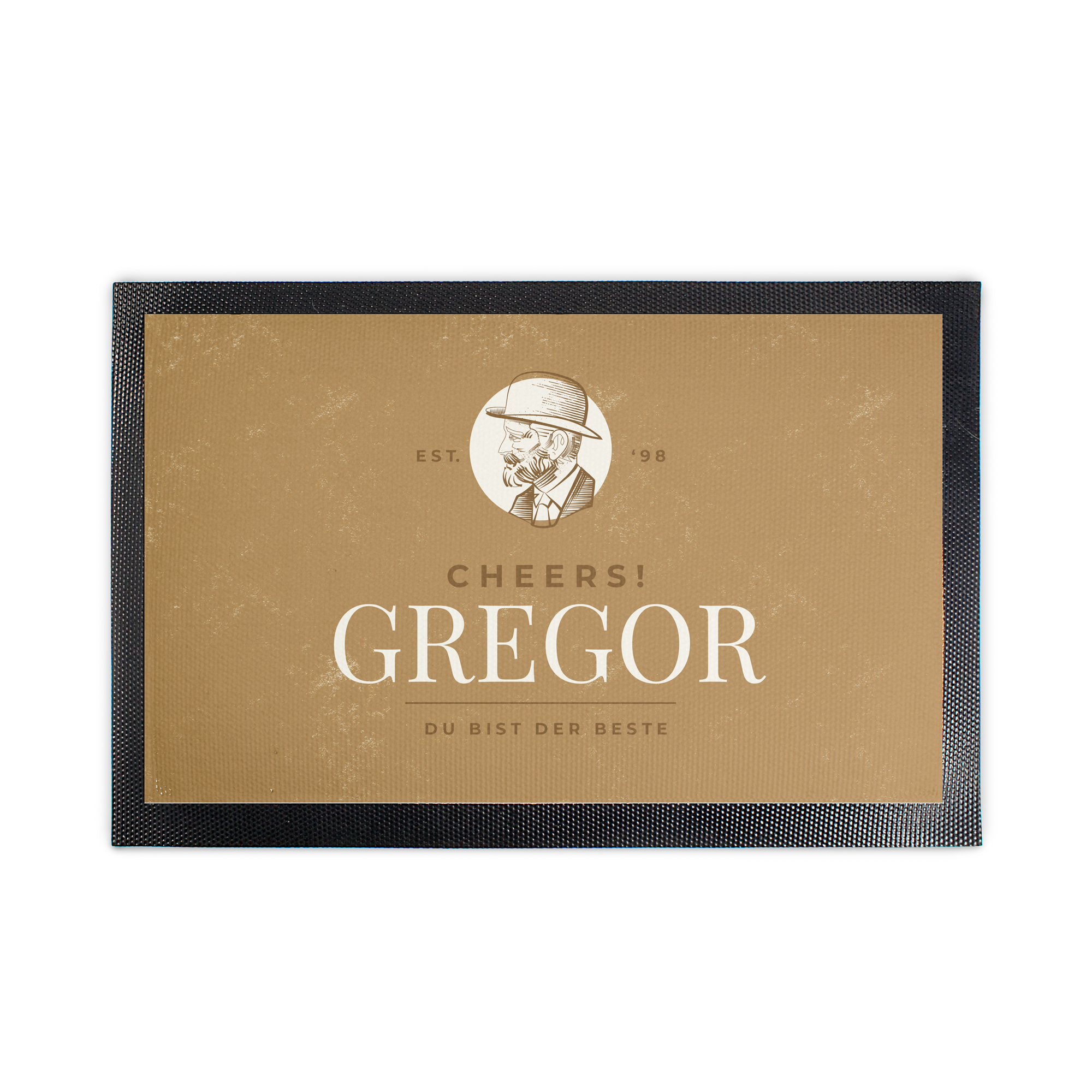 Personalisierte Anti-Rutsch Barmatte mit dem Namen GREGOR und "DU BIST DER BESTE" bedruckt