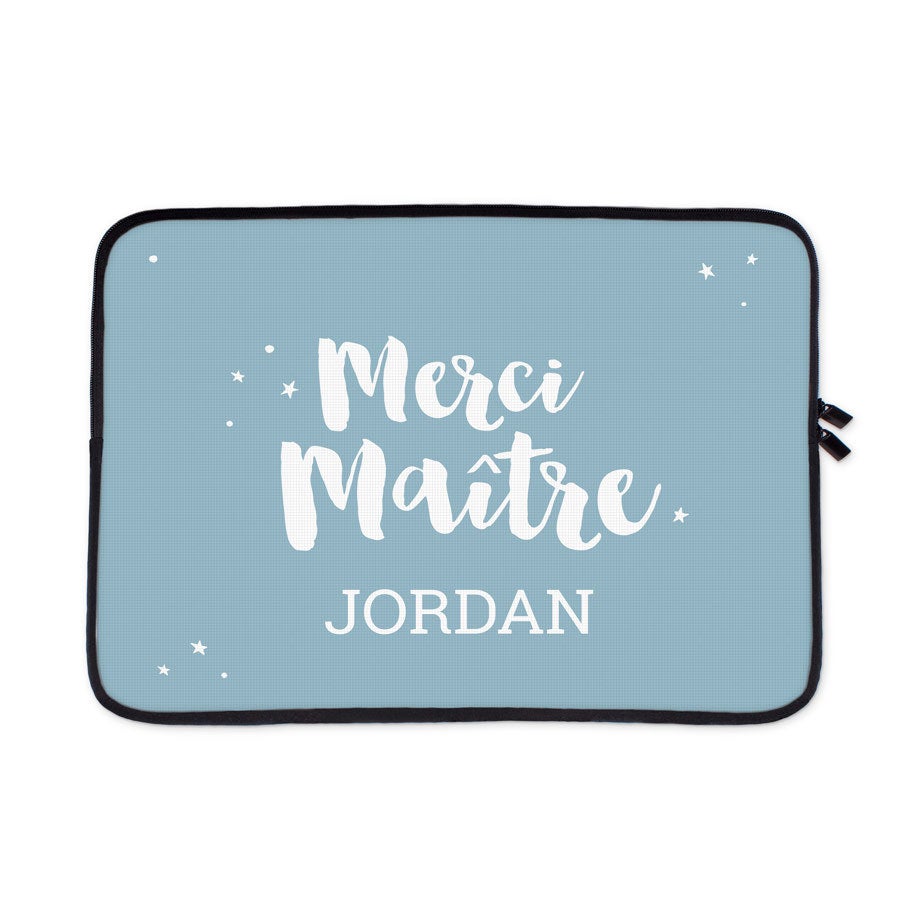 Housse ordinateur bleue pour PC et Mac personnalisée avec le texte Merci Maître Jordan