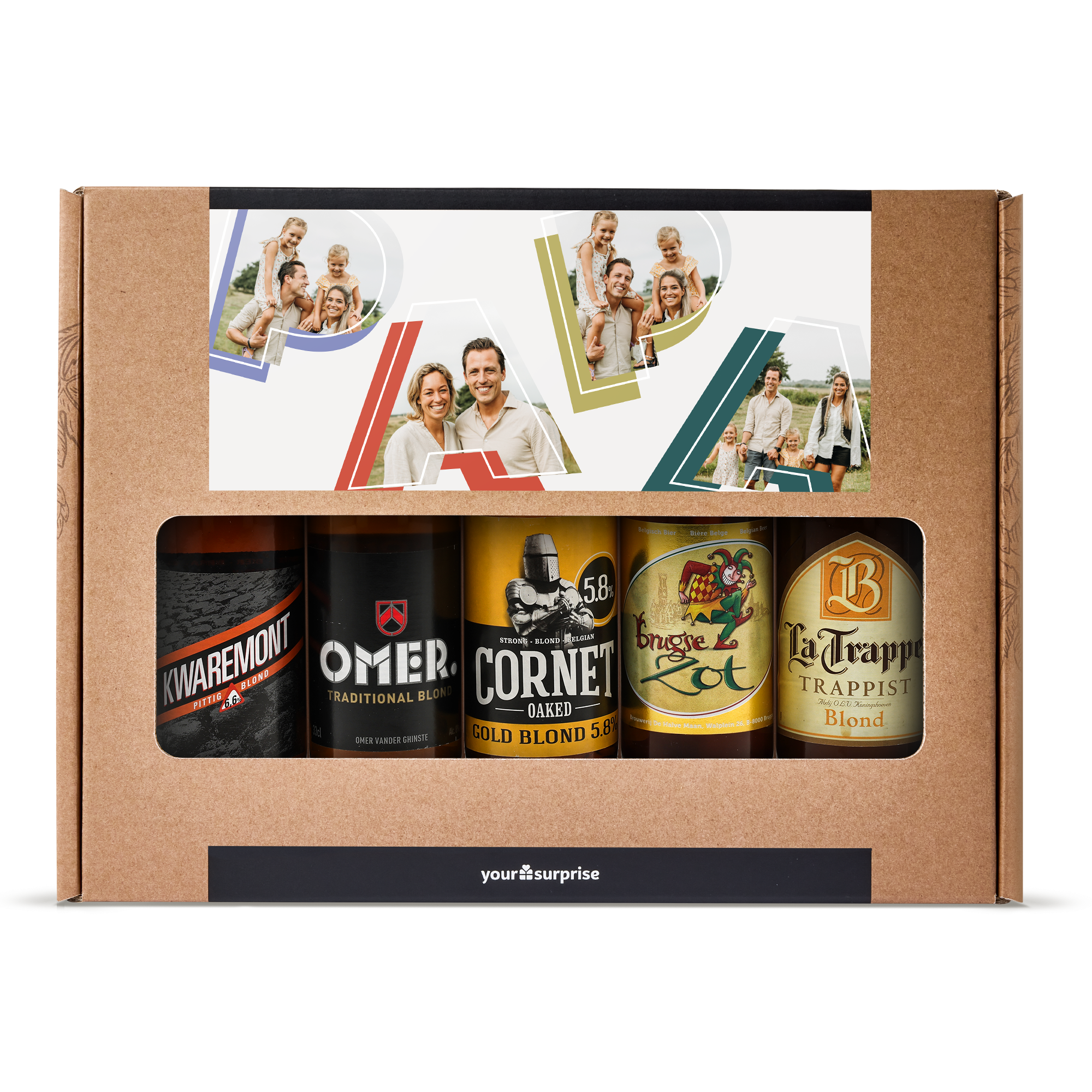 Gepersonaliseerd bierpakket Blond met vijf flessen bier en een fotocollage bedrukt op de verpakking, met je eigen foto's.