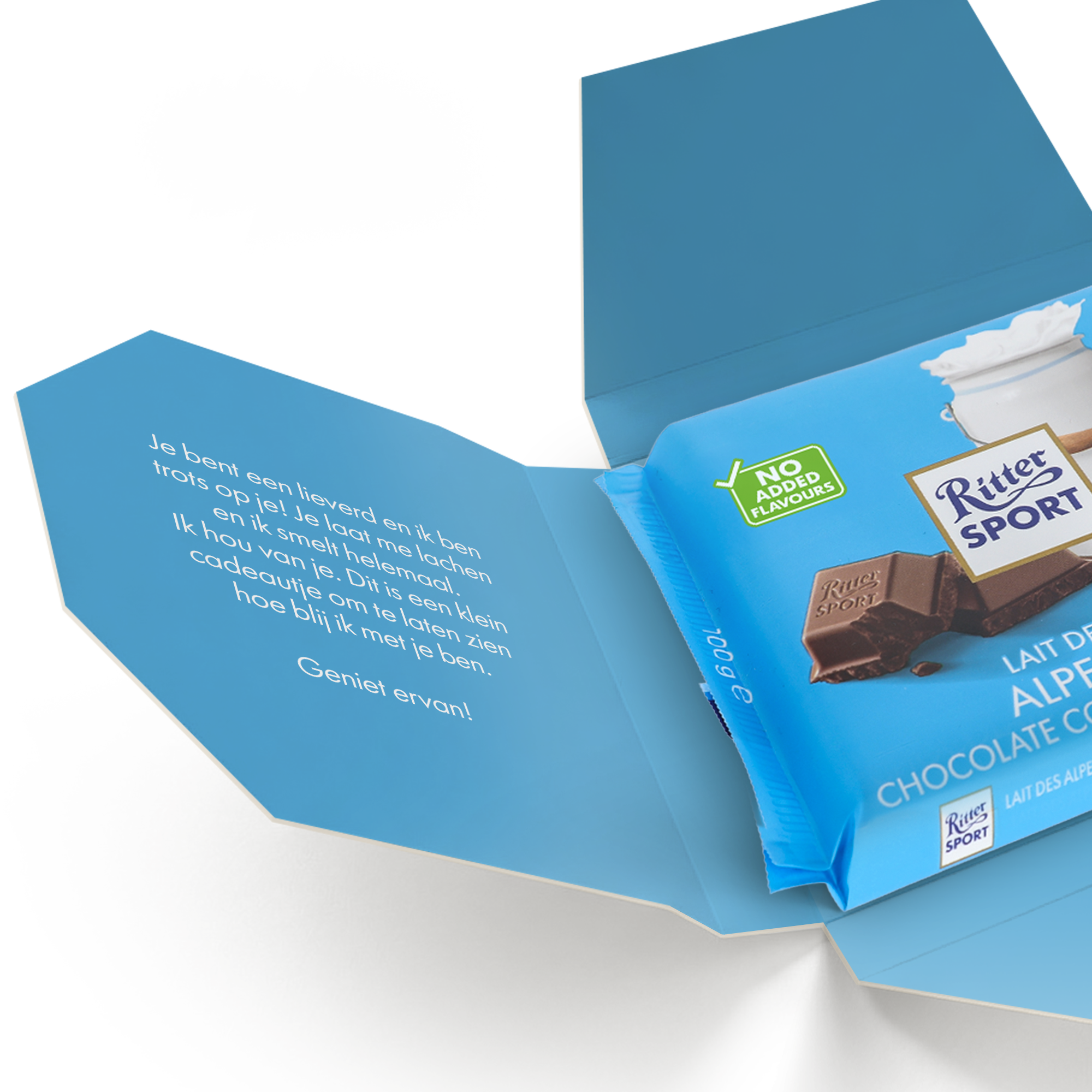 Gepersonaliseerde Ritter Sport chocolade Alpenmelk in blauwe geschenkdoos bedrukt met persoonlijke boodschap