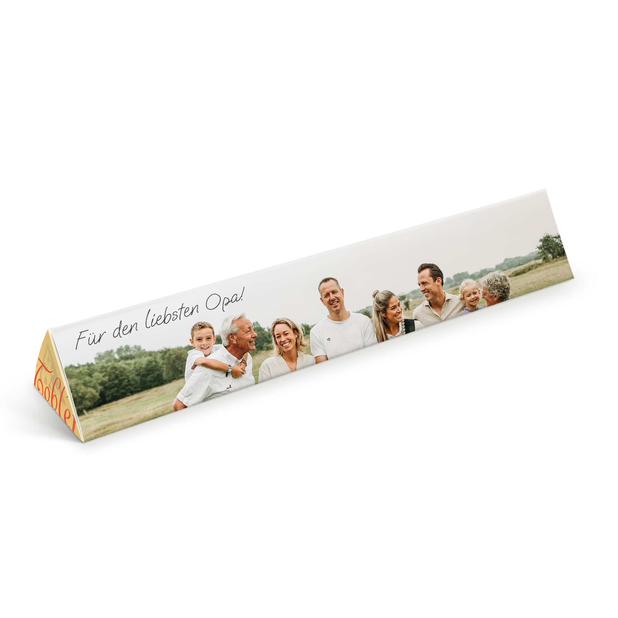 Personalisierte Toblerone Schokolade mit Familienfoto und Text Für den liebsten Opa! auf der Verpackung bedruckt.