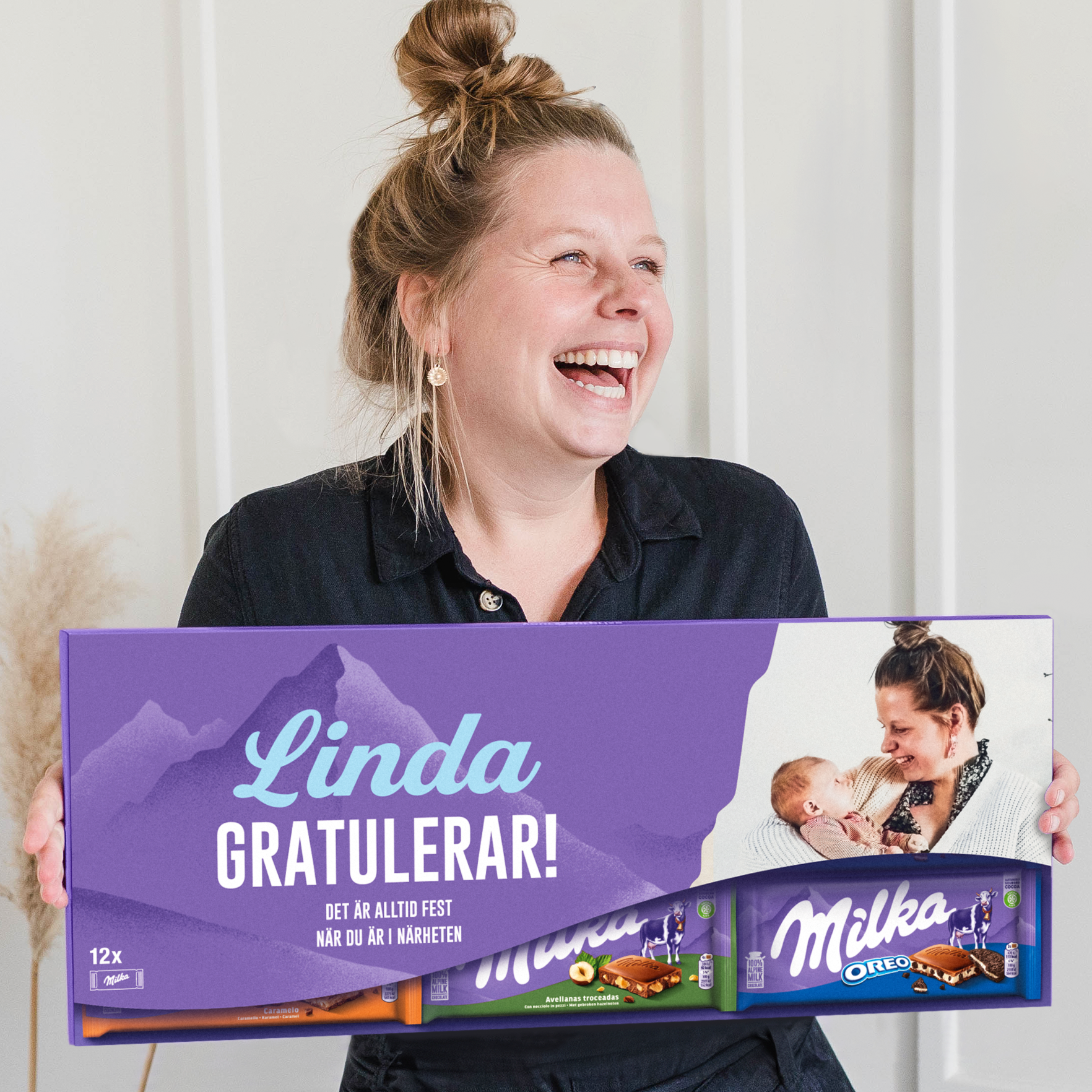XXL personlig Milka chokladkaka - 12 barer i anpassad förpackning med egen bild och text Linda Grattis